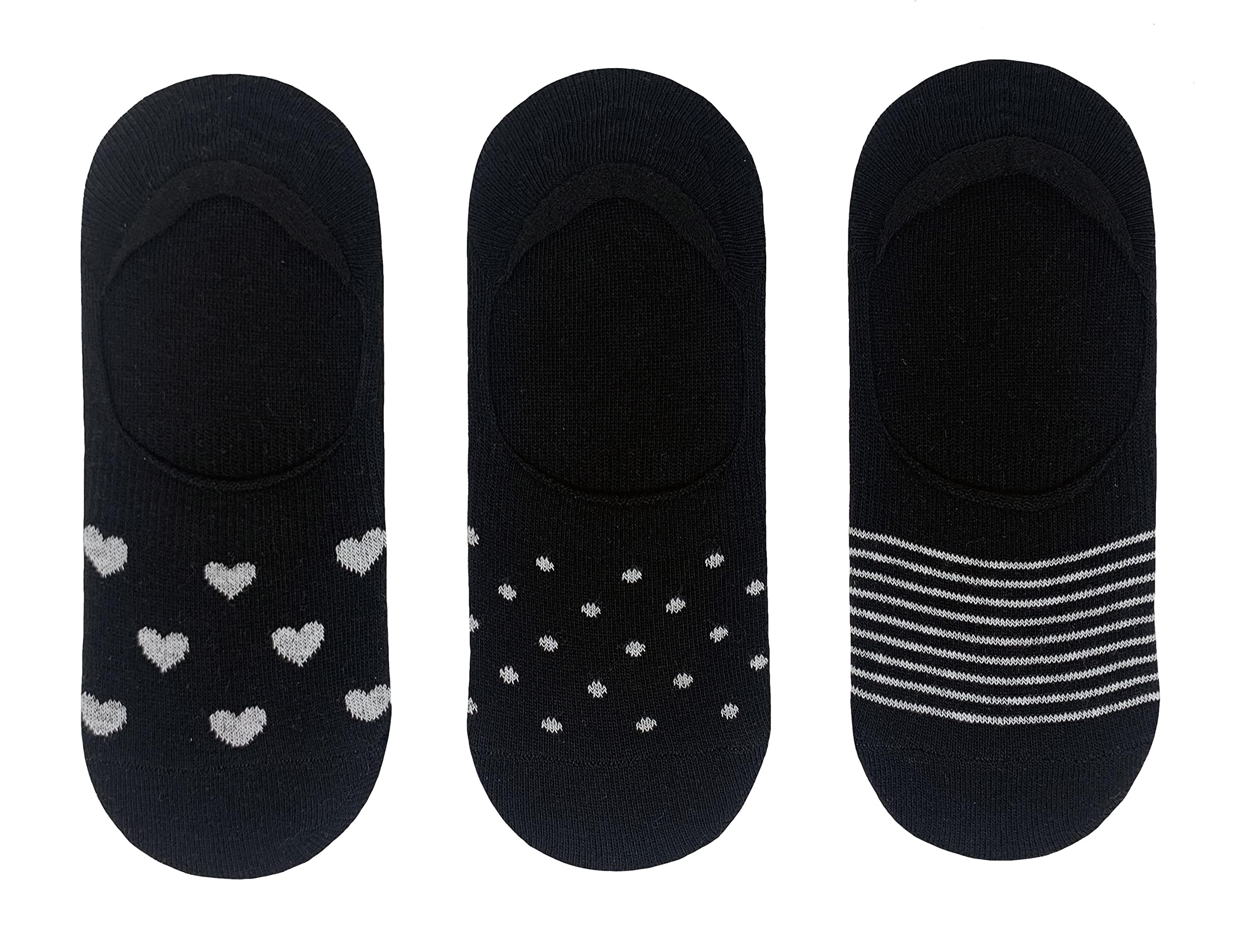 Flexitop Ladies Invisi Liners | 3 Pairs | U.K. Size 4-7| Ladies white no show sock, soft hold, comfortable, gentle grip, sport socks, cushioning (3pk Heart/Stripe/Spot)