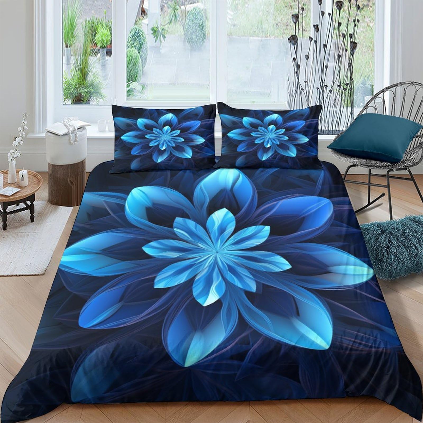 Housse de couette bleuet lit double avec 2 taies d'oreiller microfibre
