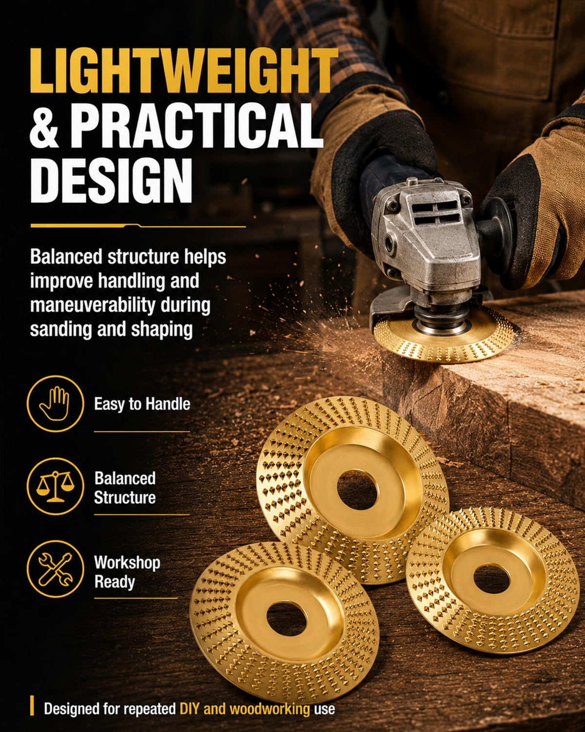 3PCS Wood Carving Tools Sanding Disc Stump Grinder Angle Polishing Pad Grinding Tungsten Carbide Wheel Discs for Attachments Tiktrove Sander Blades Set Pads Cutting Scraper Cordless (Gold)