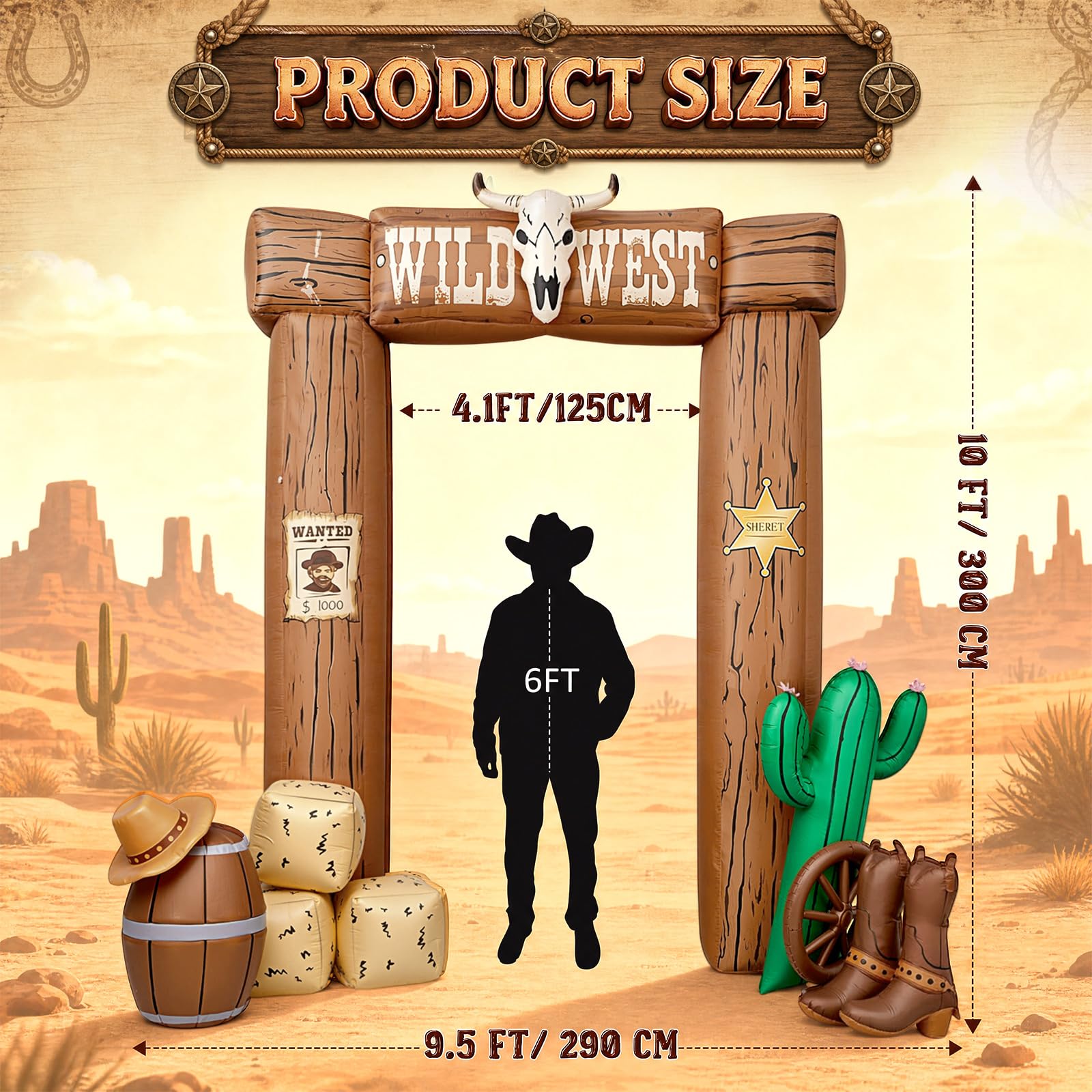 Capoda Decoración de arco inflable del salvaje oeste de 10 pies, decoración de entrada con temática de vaquero occidental, arco de campo occidental inflable con luces LED integradas para rodeo