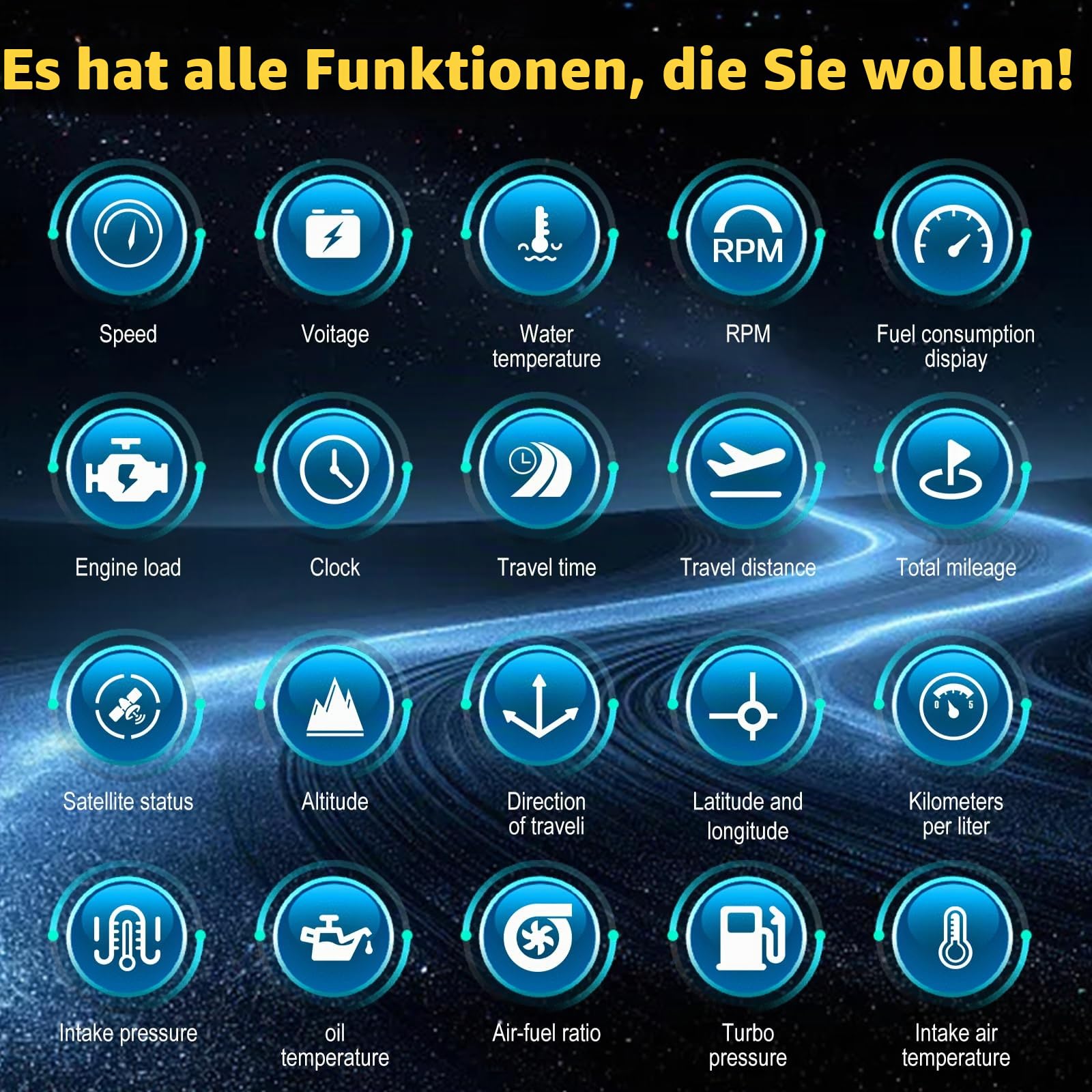 SIXTOP OBD2 GPS Dual System 3 Zoll Auto-HUD-Display - Digitaler Tachometer mit Wassertemperatur-, Spannungs- und Drehzahlmesser - Universelles Head-Up-Display für alle Fahrzeuge