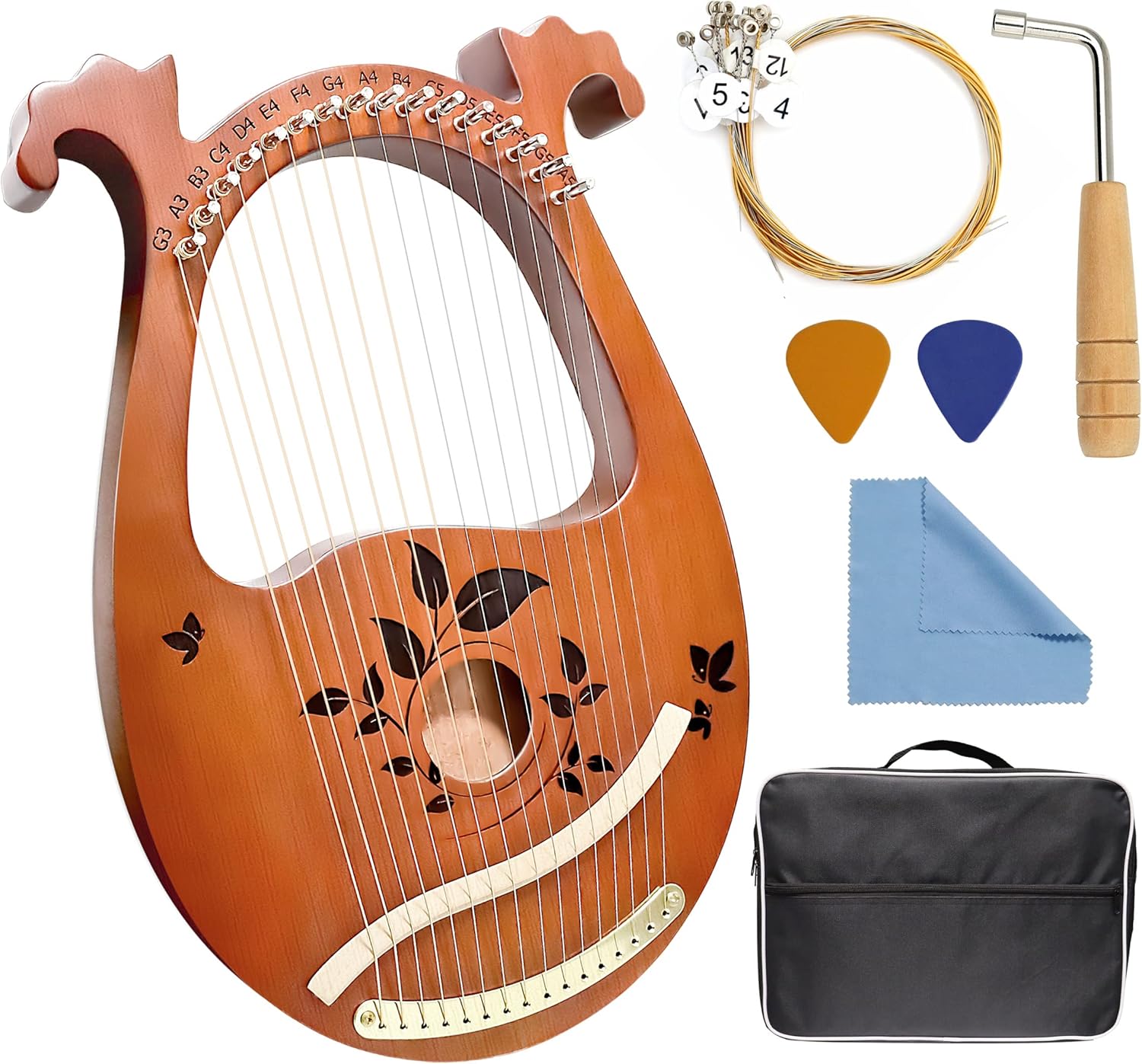 INKNOTE Lyre Harp, 16 Metal Strings Mahogany Lyre Harp with