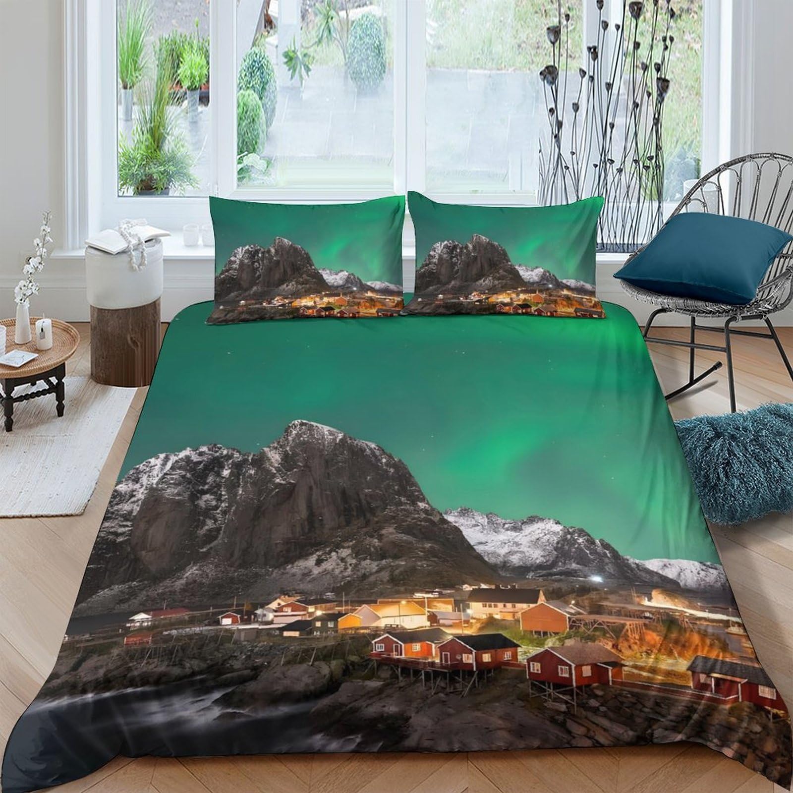Ctjqhvkz Style-3 3D Printed Northern Lights Mountain Fitted Sheet Microfiber Soft Scenic Village Bed Cover For Bedroom Decor Single（135X200cm）