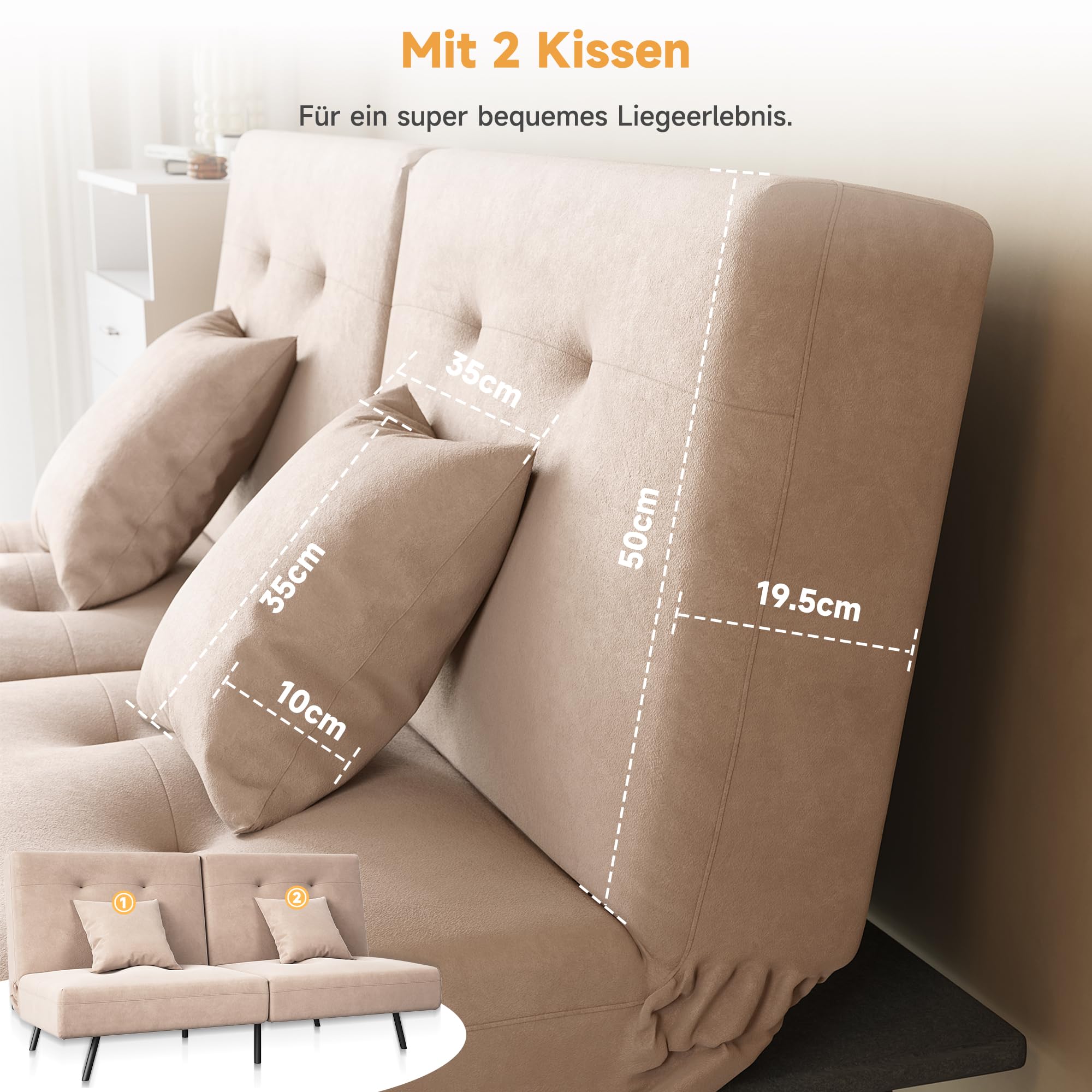 SONNI Sofá cama 3 en 1, sofá cama plegable con respaldo ajustable (100° 135° 180°), 2 cojines, función de sueño, terciopelo bebé, caqui, para salón, habitación de invitados y espacios pequeños, 180 x