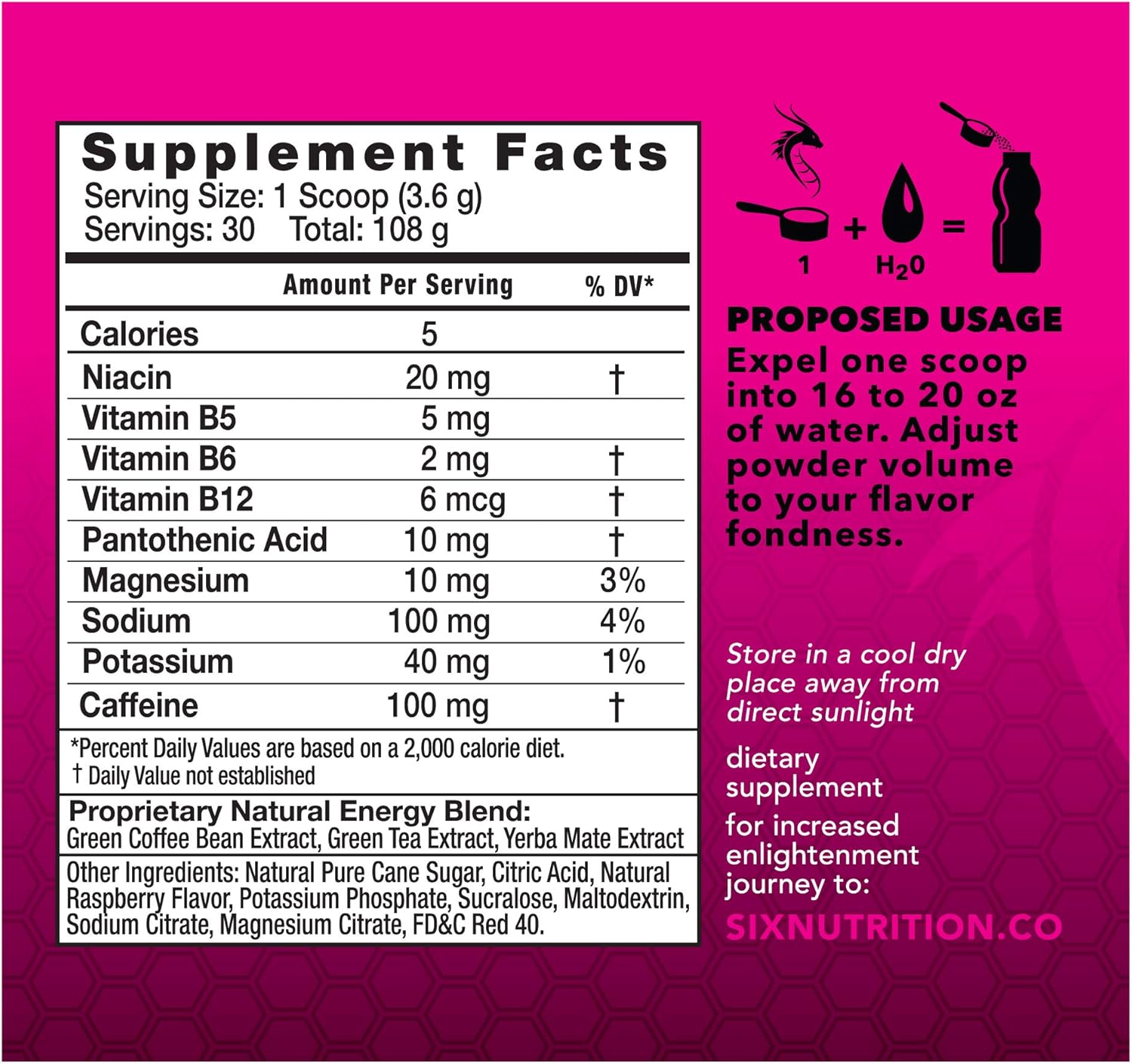 SIX Nutrition Hydra Energy + Electrolytes Drink Mix, Raspberry, 30 Servings, (20 Ounce Servings). One Canister Makes 600 Ounces of Delightful Energy! : Health & Household
