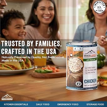 Mountain Essentials Fully Cooked Chicken 14.5 oz 12g Protein per Serving (8 Servings per Can) Canned White Meat for Daily Meals, Camping & Emergency Food Great for Lunch, Dinner, or Snacks 5-Year Shelf Life Made in USA Gluten Free, No Carbs pack of 1