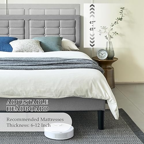 Miniatura 5 de VECELO Base de cama de tamaño matrimonial con cabecera ajustable, base de cama tapizada con botones y soporte de listones de madera, no necesita