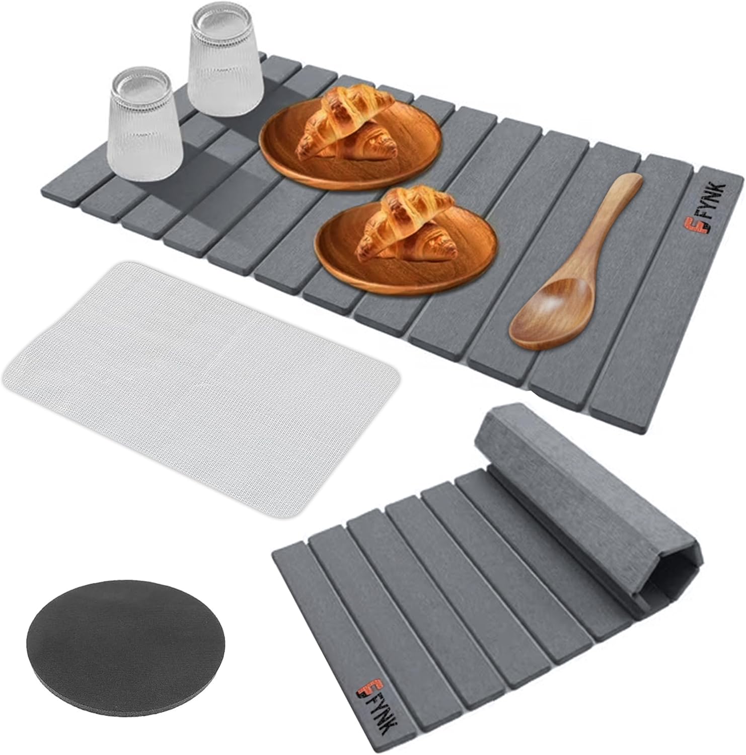 Stone Drying Mat for Kitchen Counter - Large 29" x 16" 12 Slats Dark Gray Foldable Diatomaceous Earth Dish Drying Mat | oldable and Super Absorbent Dish Drying Stone Mat (12 Slats)