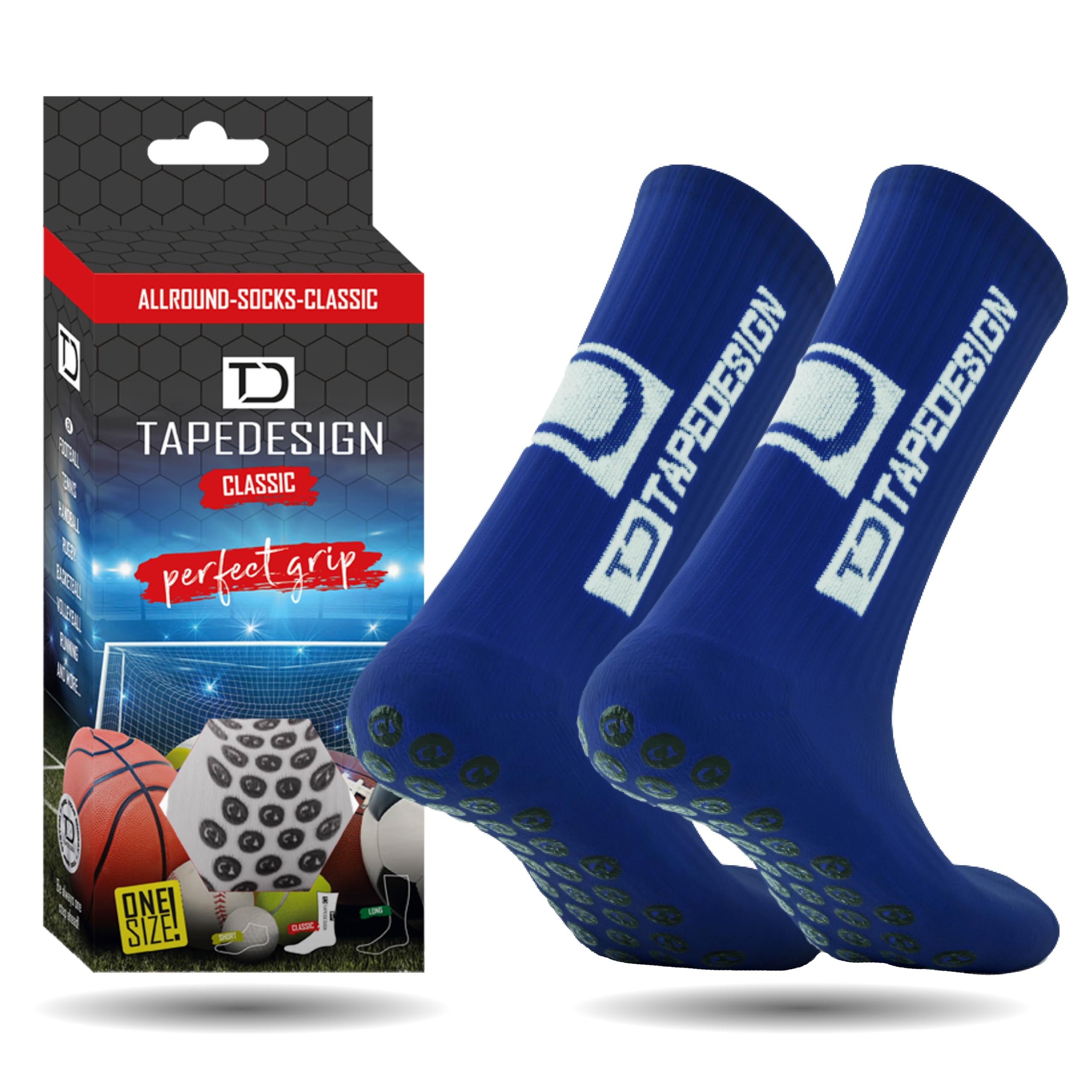 Tapedesign - "Classic 1 Pair Non-Slip Football Grip Socks Blue (Size 5-14) for Men, Women & Kids - Soccer Socks for Adults & Youth (Unisex) - Anti-Slip Sport Socks for Basketball, Tennis & Running