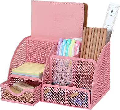 Mesh Desk Organiser, Minimalist Pink Desktop Organiser with 6 Compartments