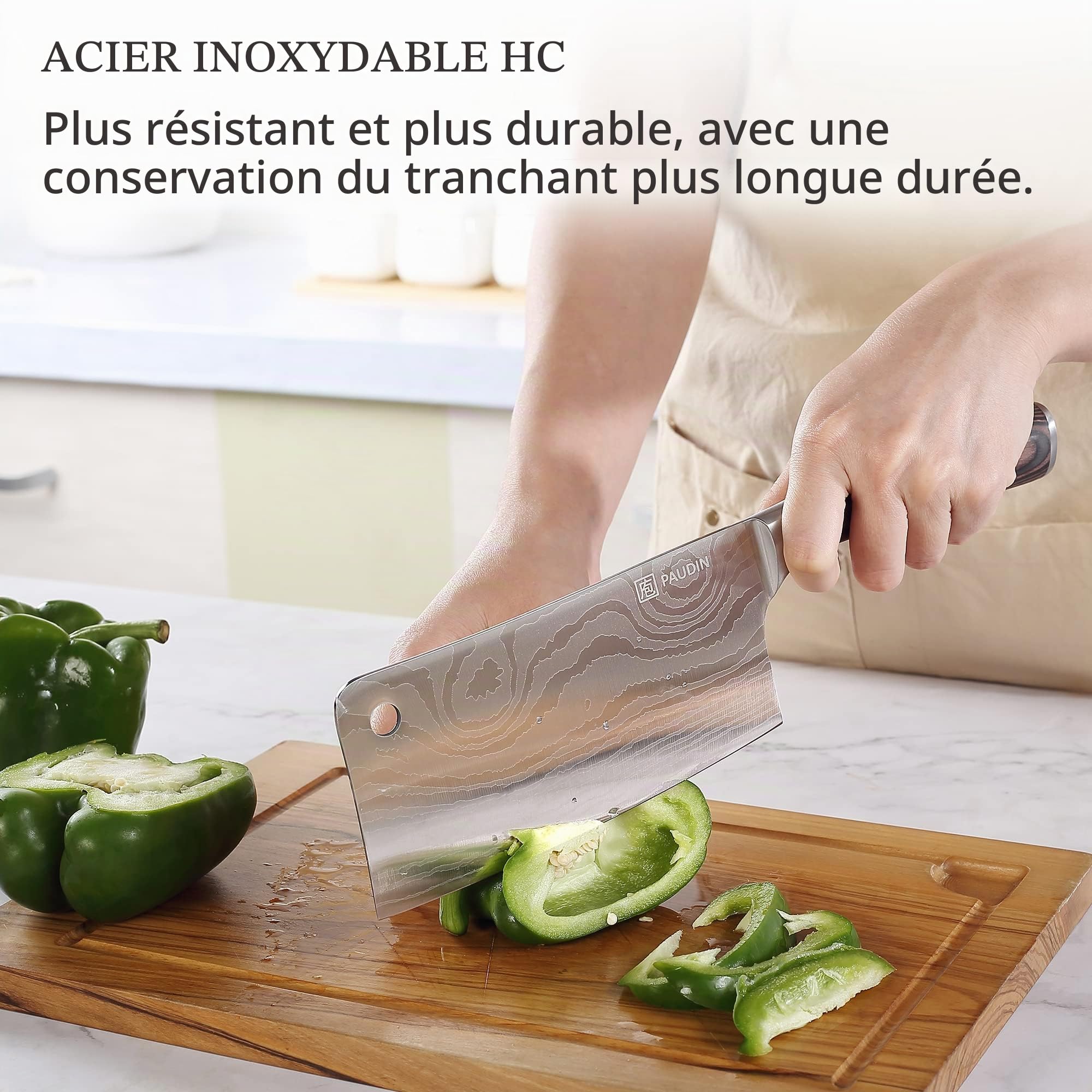 PAUDIN Couperets, Couteau de Cuisine Chinois, Couperets à viande 17 cm, en Acier Inoxydable Allemand avec Poignée en Bois, Couteaux de Chef Adapté aux Fruits, Légumes et Viande