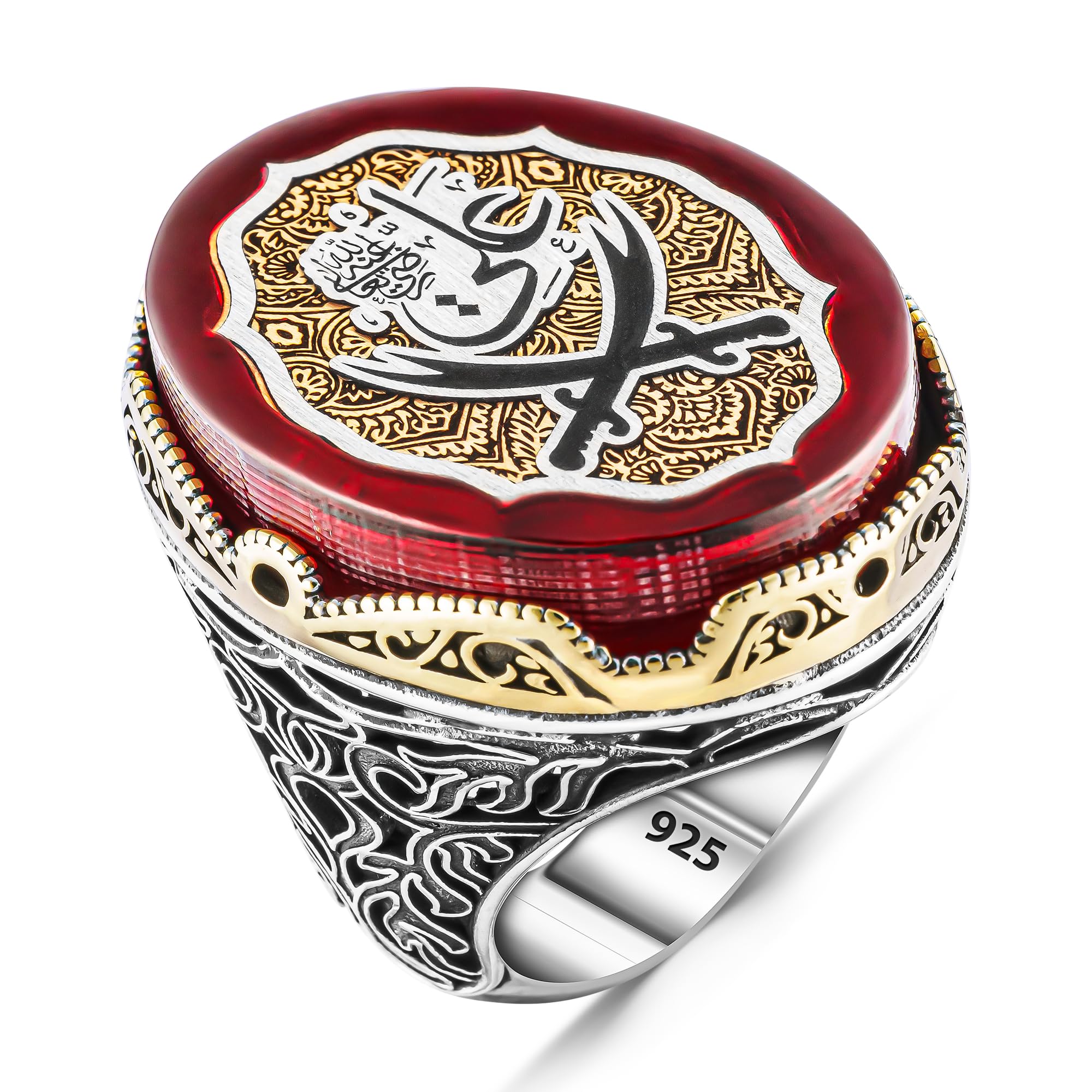 925 Sterling Silver Huge Zulfiqar Of Imam Ali On Amber Stone Mens Ring, Huge Double Sword Turkish Arabic Ring, Men Turkish Silver Ring, Natural Stone Ring, Big Ring