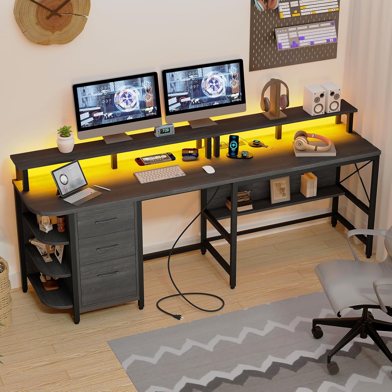 Vabches 67" L Shaped Computer Desk with LED Lights and Power Outlets, Reversible L Shaped Gaming Desk with 3 Drawers Hutch Monitor Stand, Home Office Desk, with USB Port, Gray