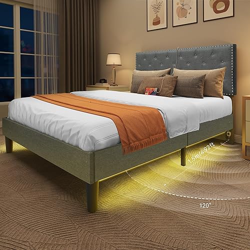 YITAHOME Base de cama tamaño Queen, marco de cama LED con cabecera tapizada de diamante ajustable, cama de plataforma con puertos USB y luz con disponible en Yaxa El Salvador