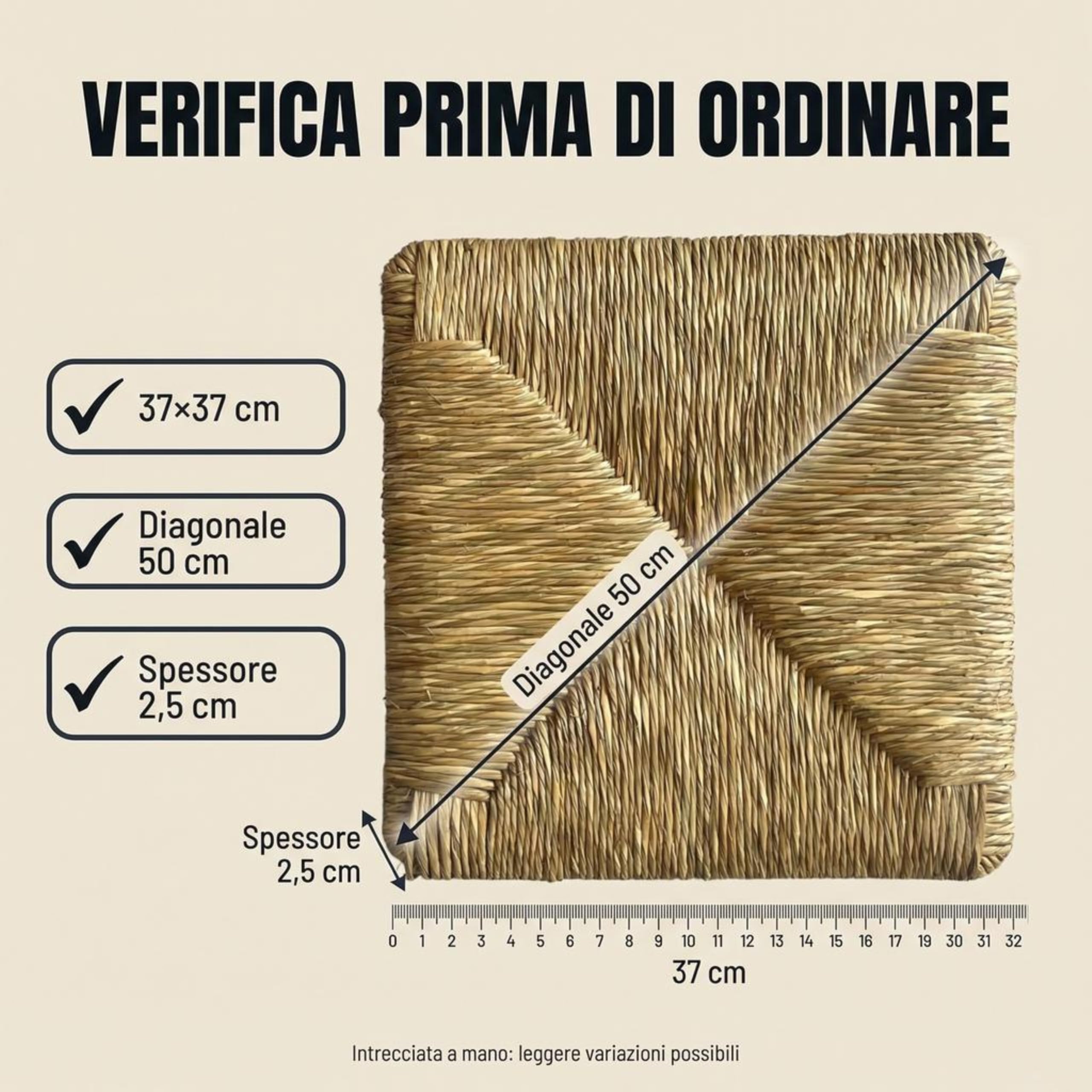 Generico Import Trade - Seduta in paglia 37x37cm, Ricambio mod. 901 - PISA, Sedile di ricambio per sedie e sgabelli da casa e ristoranti, Fondo, Telaio, Sedile resistente e robusto