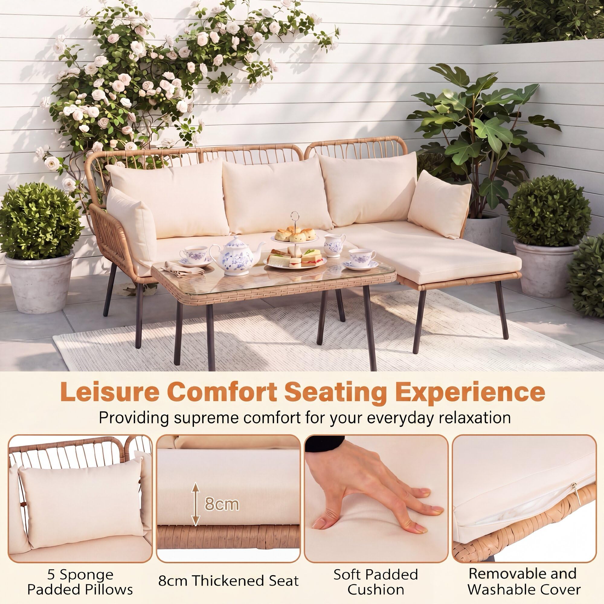 GIANTEX Conjunto de Jardín de Ratán 3 Piezas con Sofá Esquinero | Muebles de Exterior con Cojines y Mesa de Centro con Encimera de Vidrio, para Patio, Piscina y Terraza