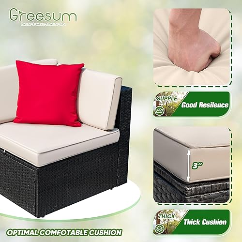 Miniatura 5 de Greesum Juego de 3 piezas de muebles de mimbre de ratán para patio, sofá al aire libre con cojines, almohadas y mesa de cristal para porche, césped
