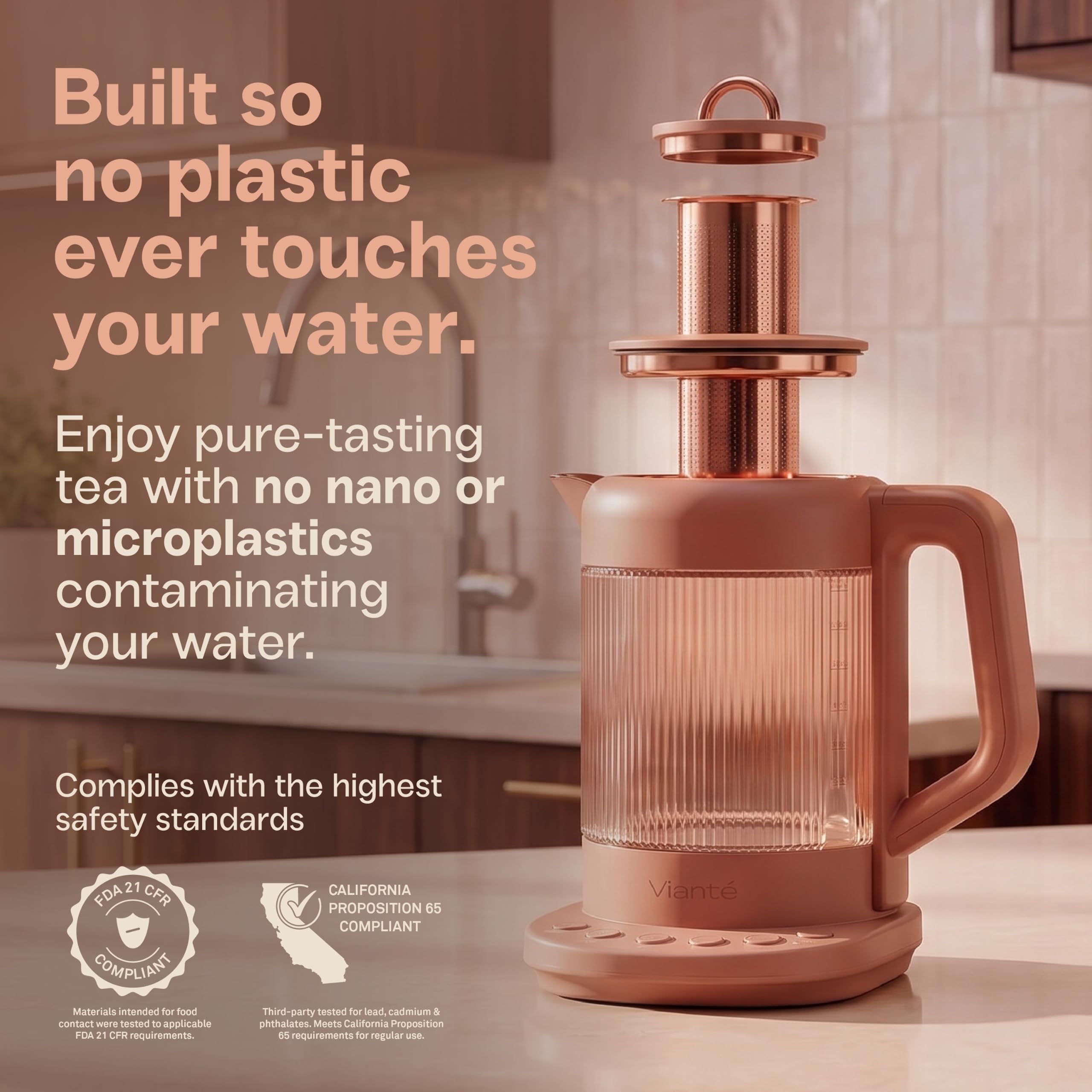 Viante Nina Electric Tea Kettle with Infuser, No Plastic In Contact With Water, 1.5L Borosilicate Glass, 304 Stainless Steel, 4 Temp Presets, Keep Warm, Cordless, Auto Shut-Off, Terracotta