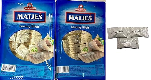 Paquete de 2 filetes de arenque Matjes importados de 8.8 oz/250 g. Incluye exclusivas mentas de chocolate HolanDeli.
