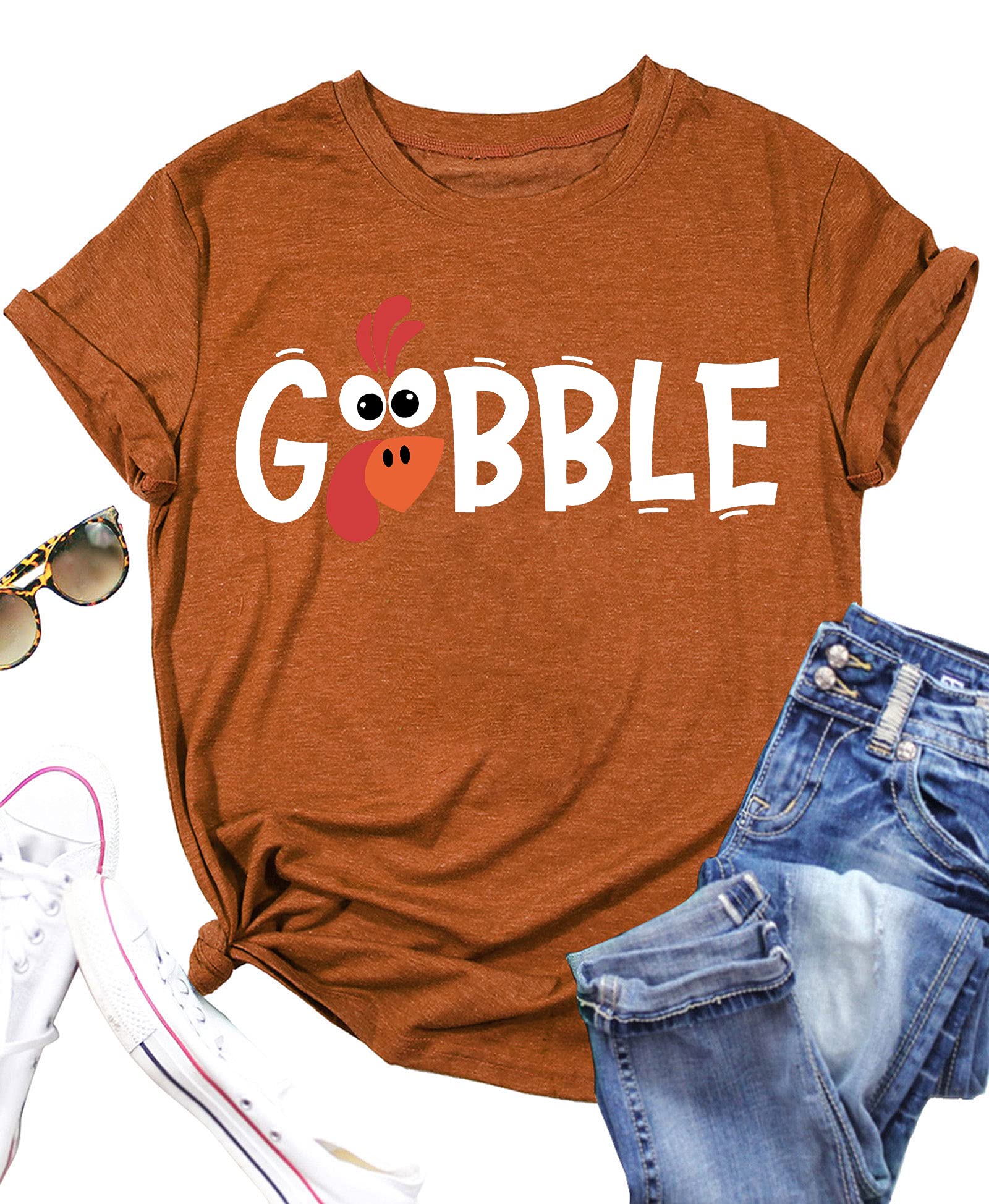 Thanksgiving Shirt for Women Gobble Shirt Funny Turkey Graphic Short Sleeve Tee Tops Casual Fall Shirt