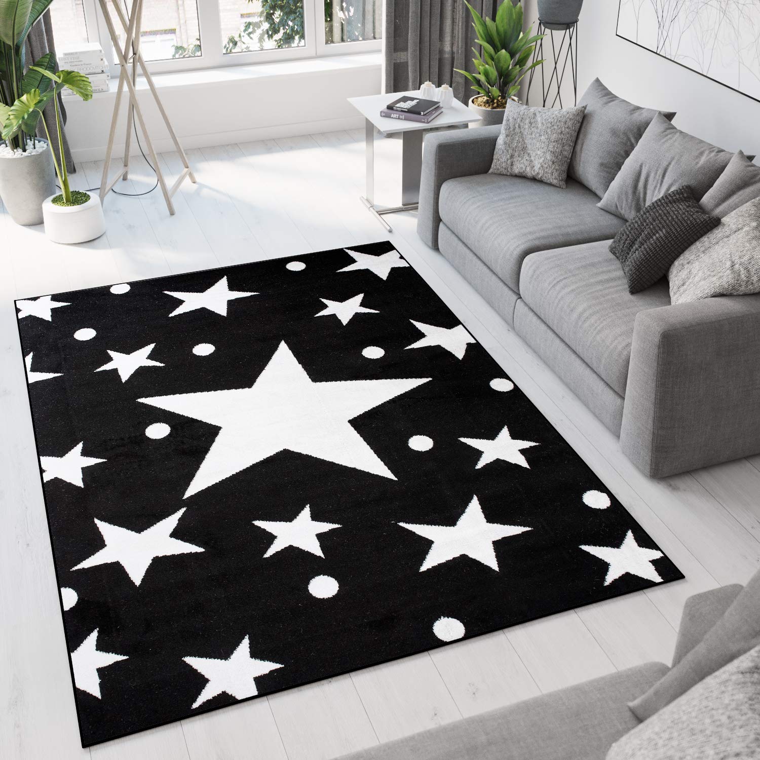 TAPISO Bali Tapis de Salon Chambre Ado Jeu Design Moderne Noir Blanc Géométrique Etoiles Pois Doux Fin 220 x 300 cm