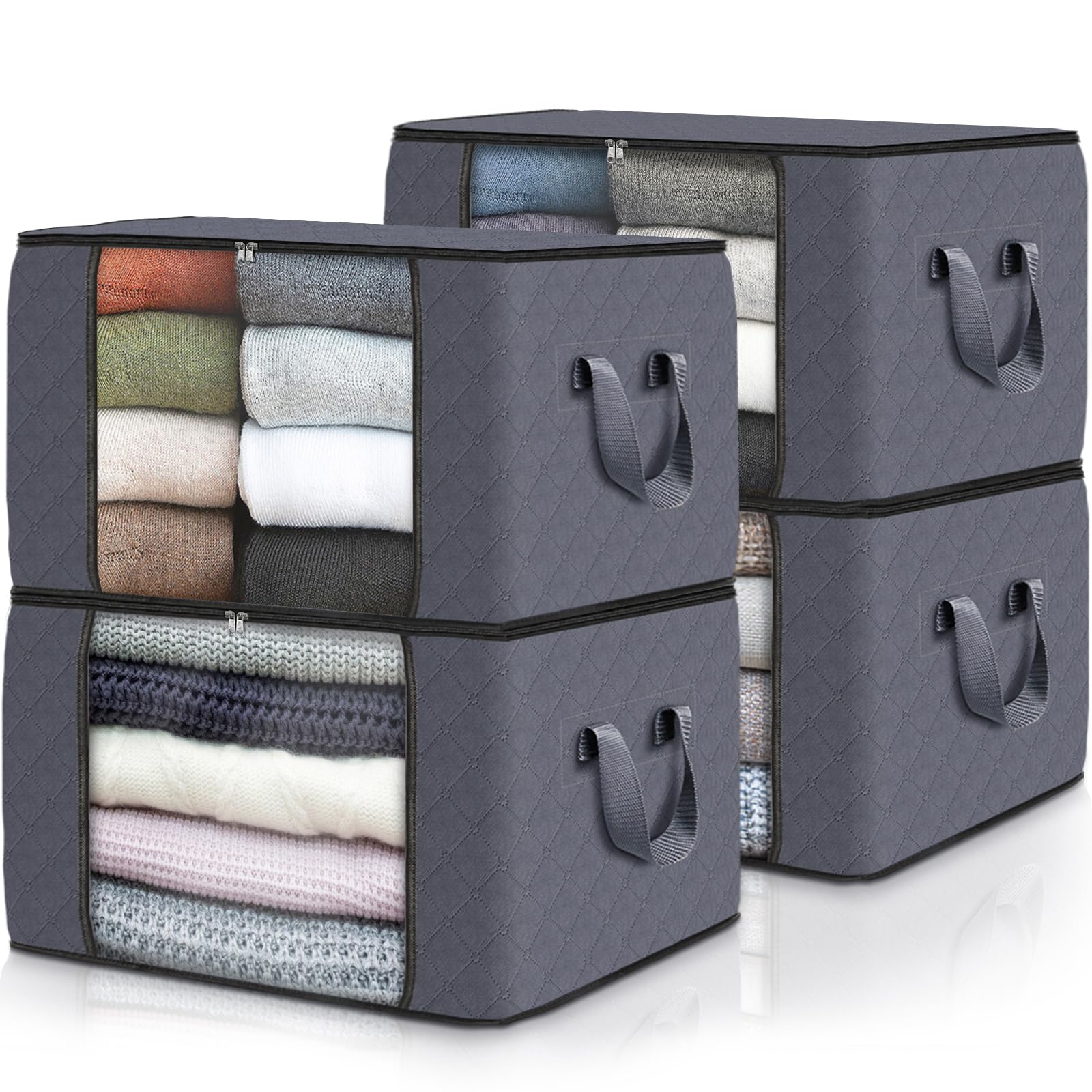 Fab totes 4-Pack Clothes Storage, Foldable Blanket Storage Bags, Storage Containers for Organizing Bedroom, Closet, Clothing, Comforter, Organization and Storage with Lids and Handle, Grey 4pack Grey