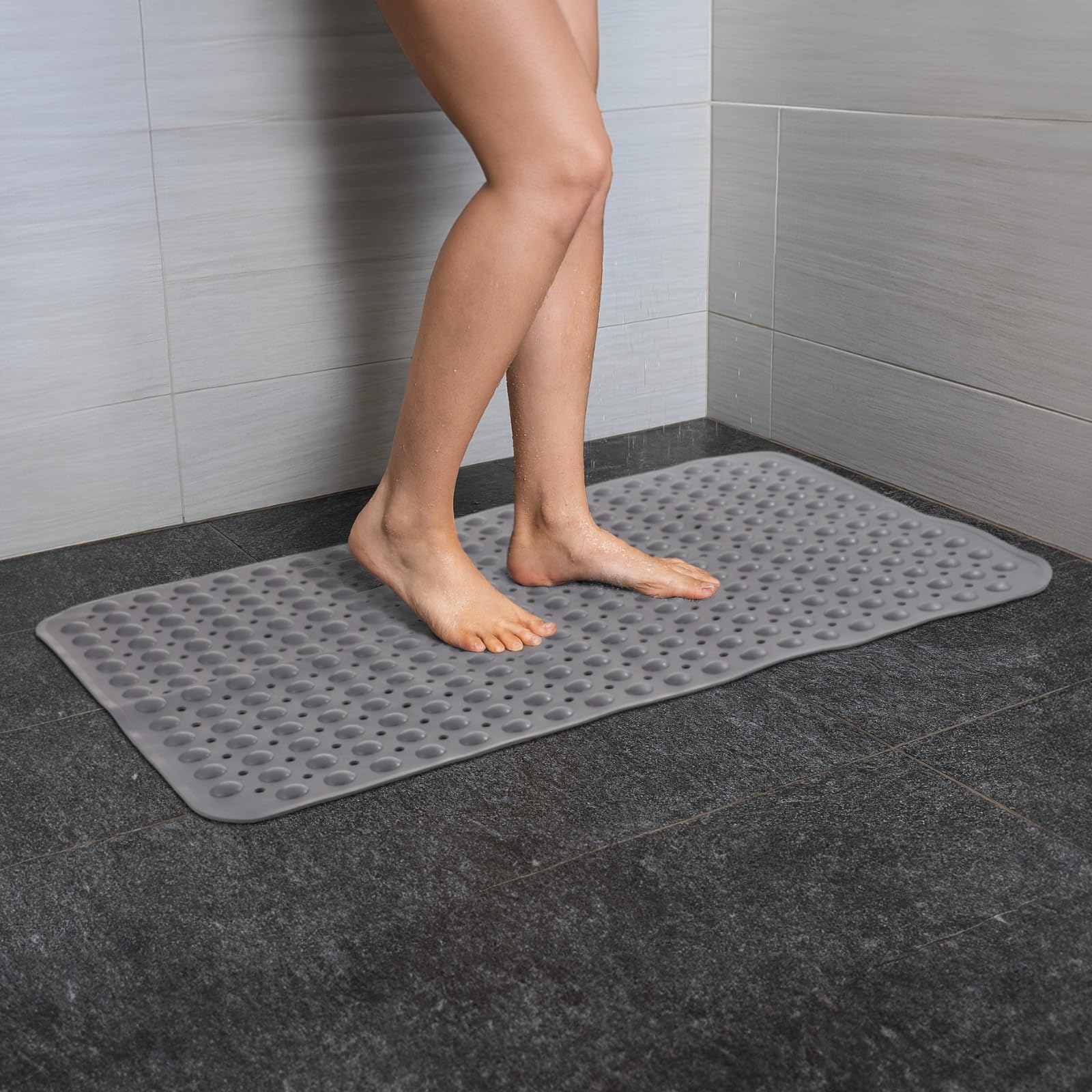 Non-Slip Large Shower Mat, 35.4 x 23.6 in / 90 x 60 cm TPE Bath Mat with Drain Holes & Suction Cups - Safe for Bathrooms, Pregnant Women, Elderly & Children