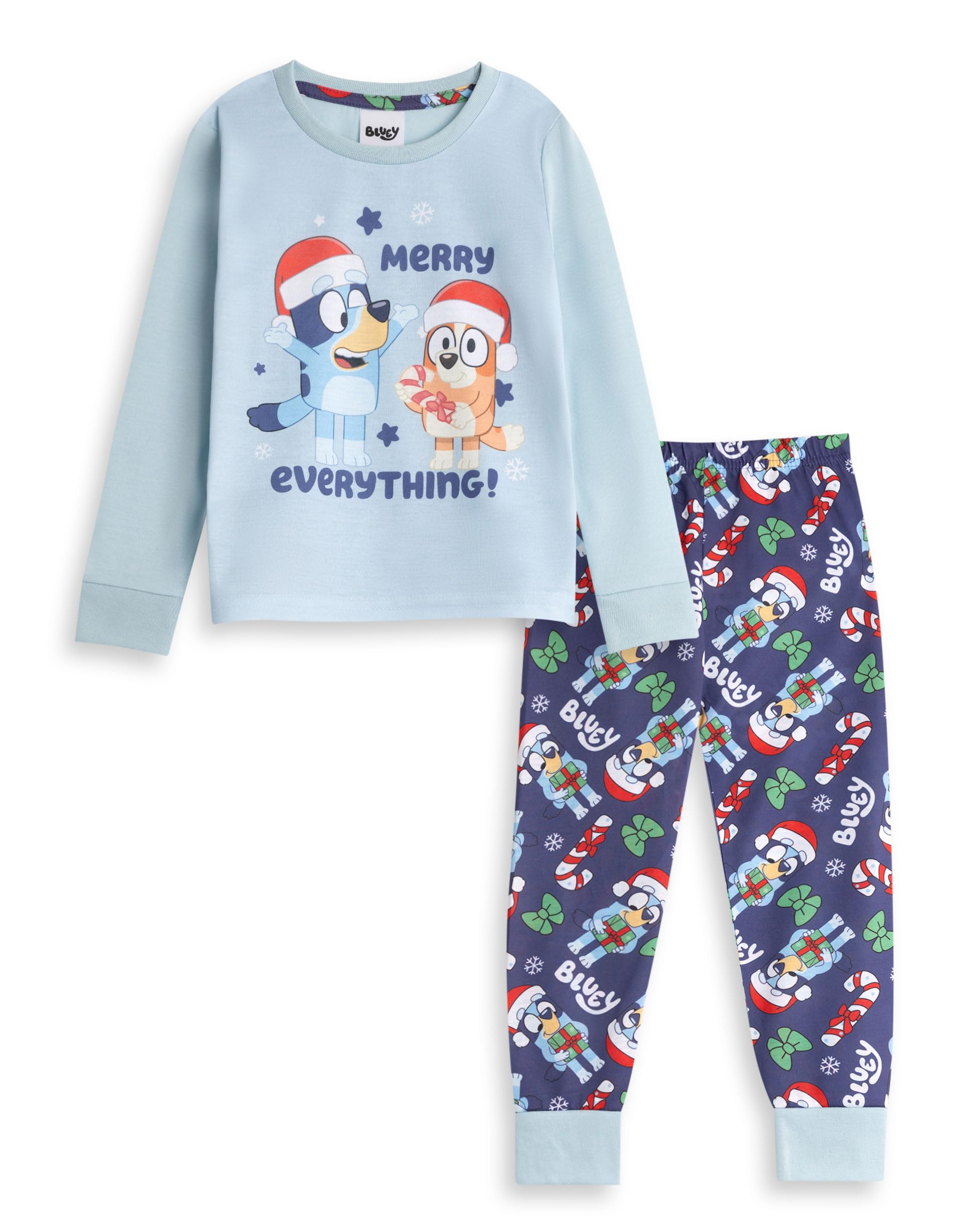 Bluey Bingo Unisex Kids Light Blue Long Sleeve Long Leg Pyjama Set | Christmas 'MERRY EVERYTHING!' Sleepwear for Bedtime & Holidays | Cartoon Nightwear Merch - 5-6 Years