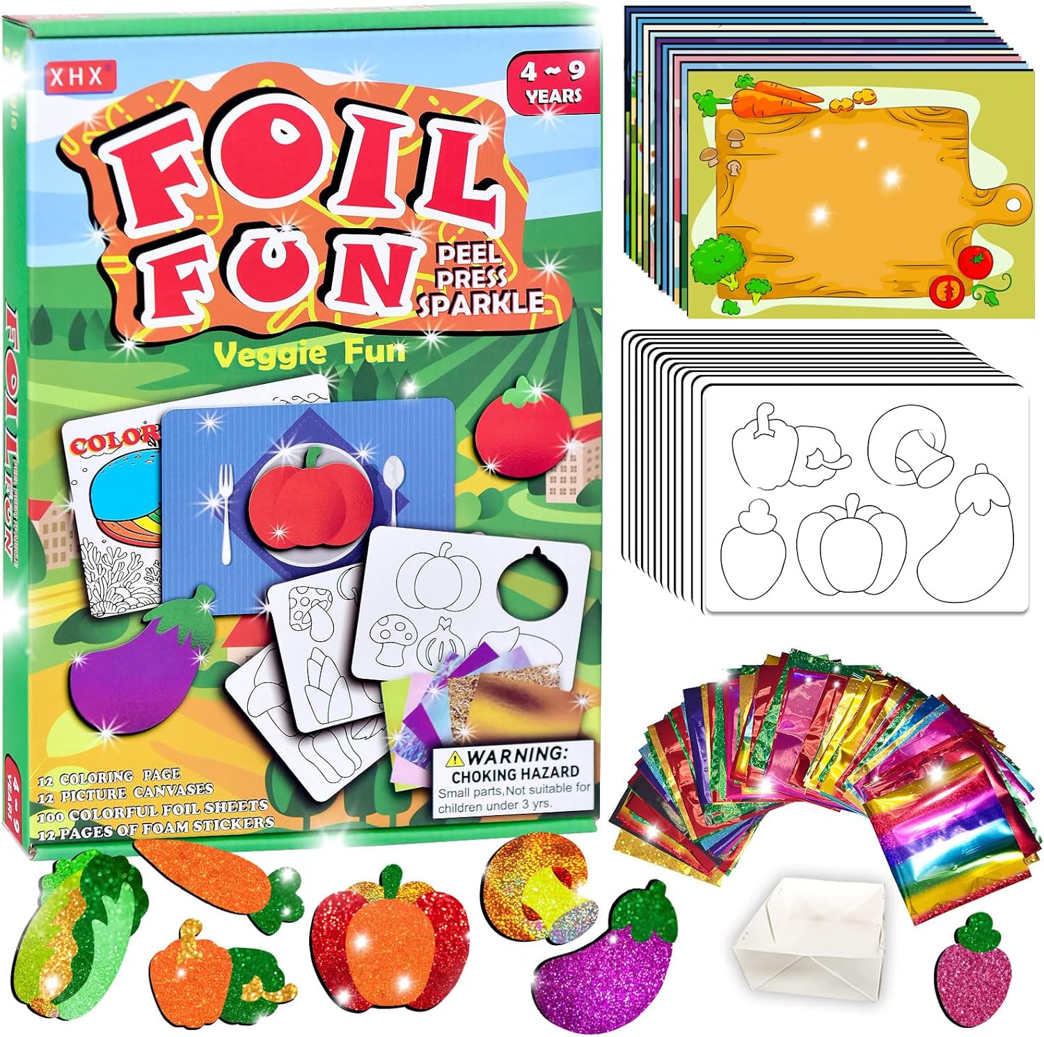 XHX Art & Craft Activity - Foil Fun, No Mess Art for Kids, Craft Kits & Supplies, DIY Creative Activity, Gifts for Boys & Girls Ages 4, 5, 6, 7, 8, 9, Travel Toys (Vegetable)