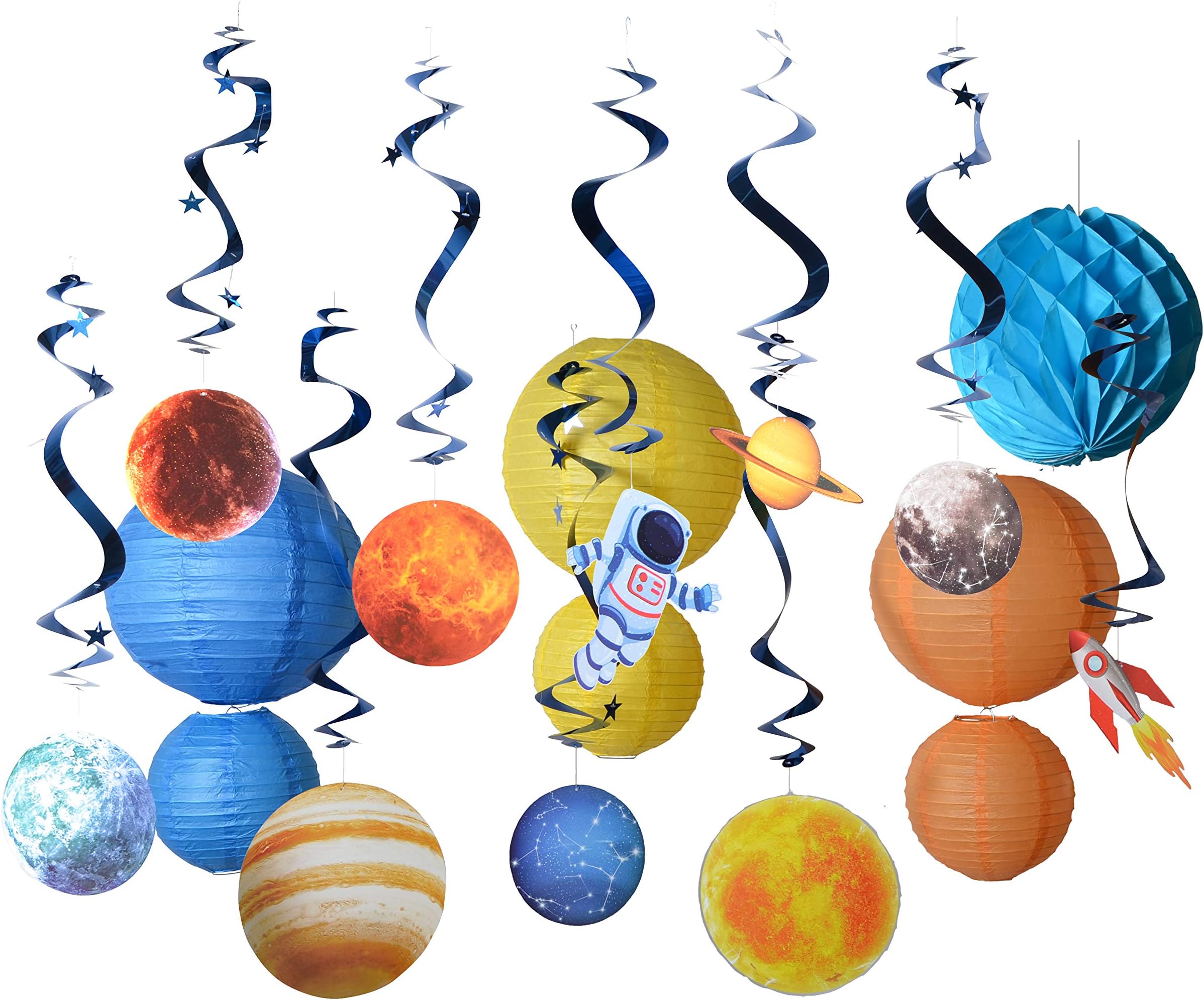 Paper Jazz Space Themed Party Supplies Solar System Decorations-Space Party Favors Hanging Planet Swirls Honeycomb Ball Astronaut Birthday Party Space Decor for Boys,Planet Decoration for Classroom (17pcs）