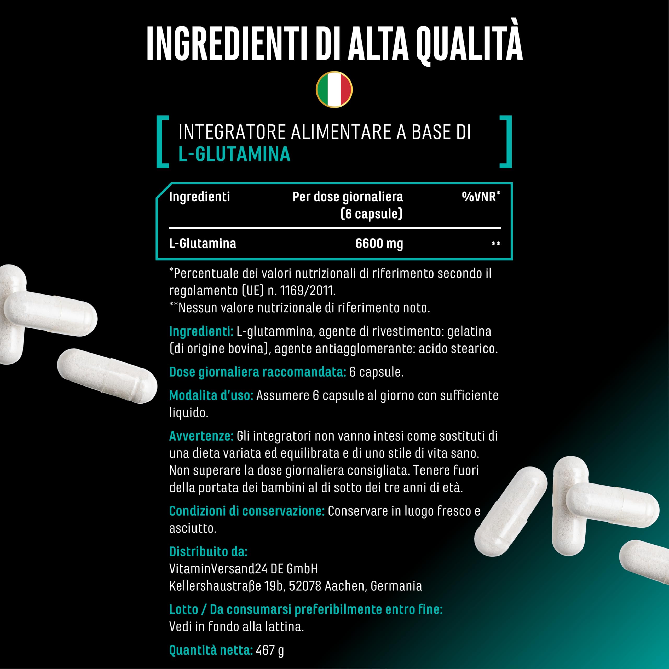 L-glutammina Ultra Caps - 365 capsule da 1100 mg - L-glutammina pura e ultra-fine in qualità premium - Extra ad alto dosaggio