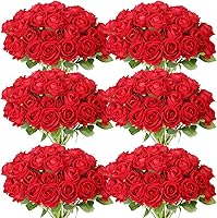 Vista 7 de 50 rosas artificiales, ramo de rosas rojas falsas, rosas rojas de seda artificial con tallos para decoración de flores de boda, día de San Valentín