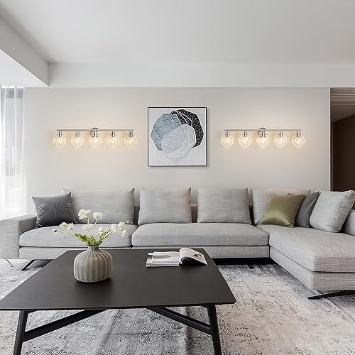Miniatura 7 de Lámparas de baño sobre espejo, 5 luces, lámpara de tocador de baño con pantalla de vidrio transparente de 37.4 pulgadas, modernas luces de tocador