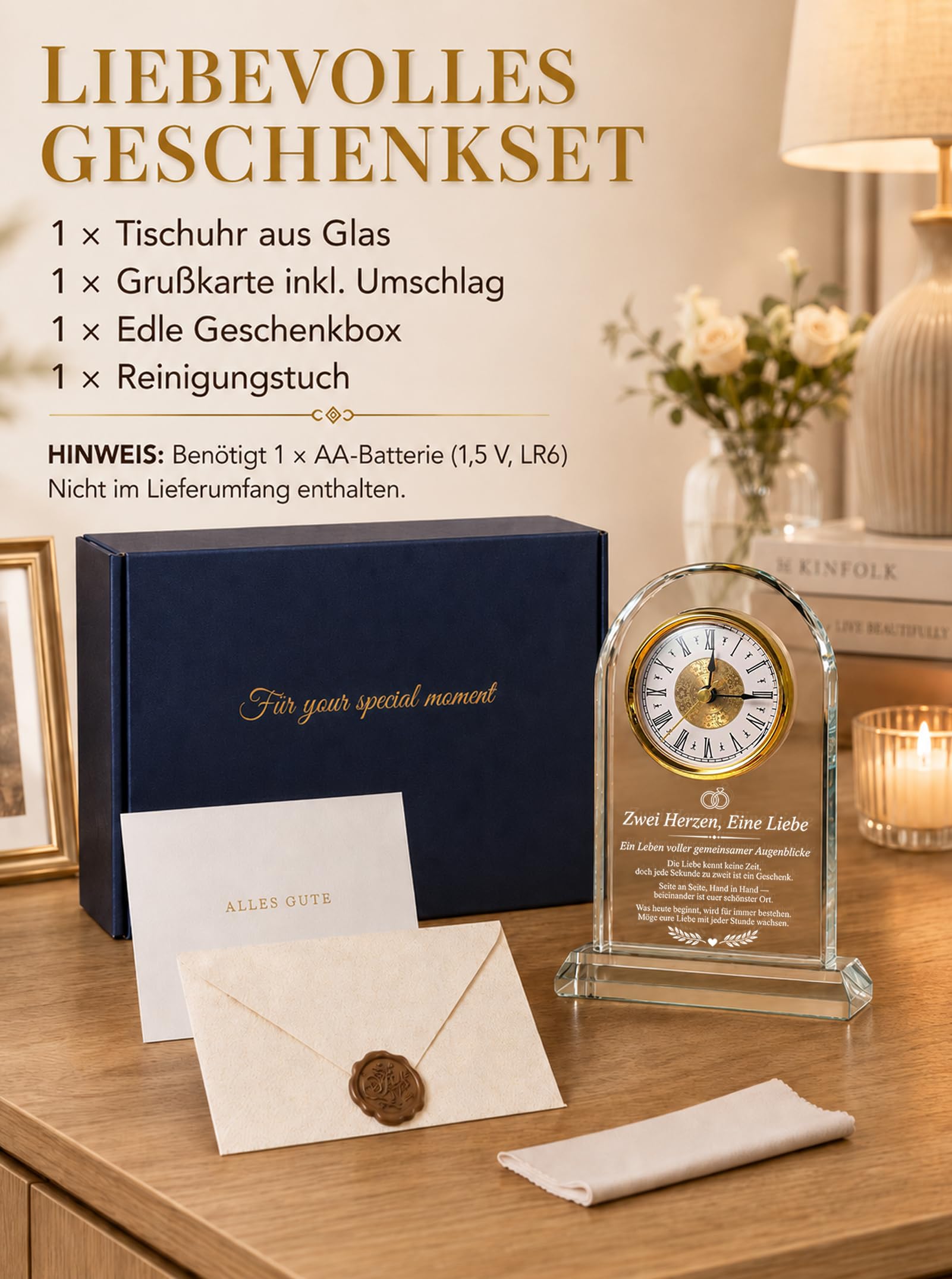 Hochzeitsgeschenk für Brautpaar - Glas Tischuhr mit Lasergravur | Frischverheiratete, Verlobungsgeschenk, Jahrestag-Andenken, edle Hochzeitsdeko, inkl. Geschenkbox
