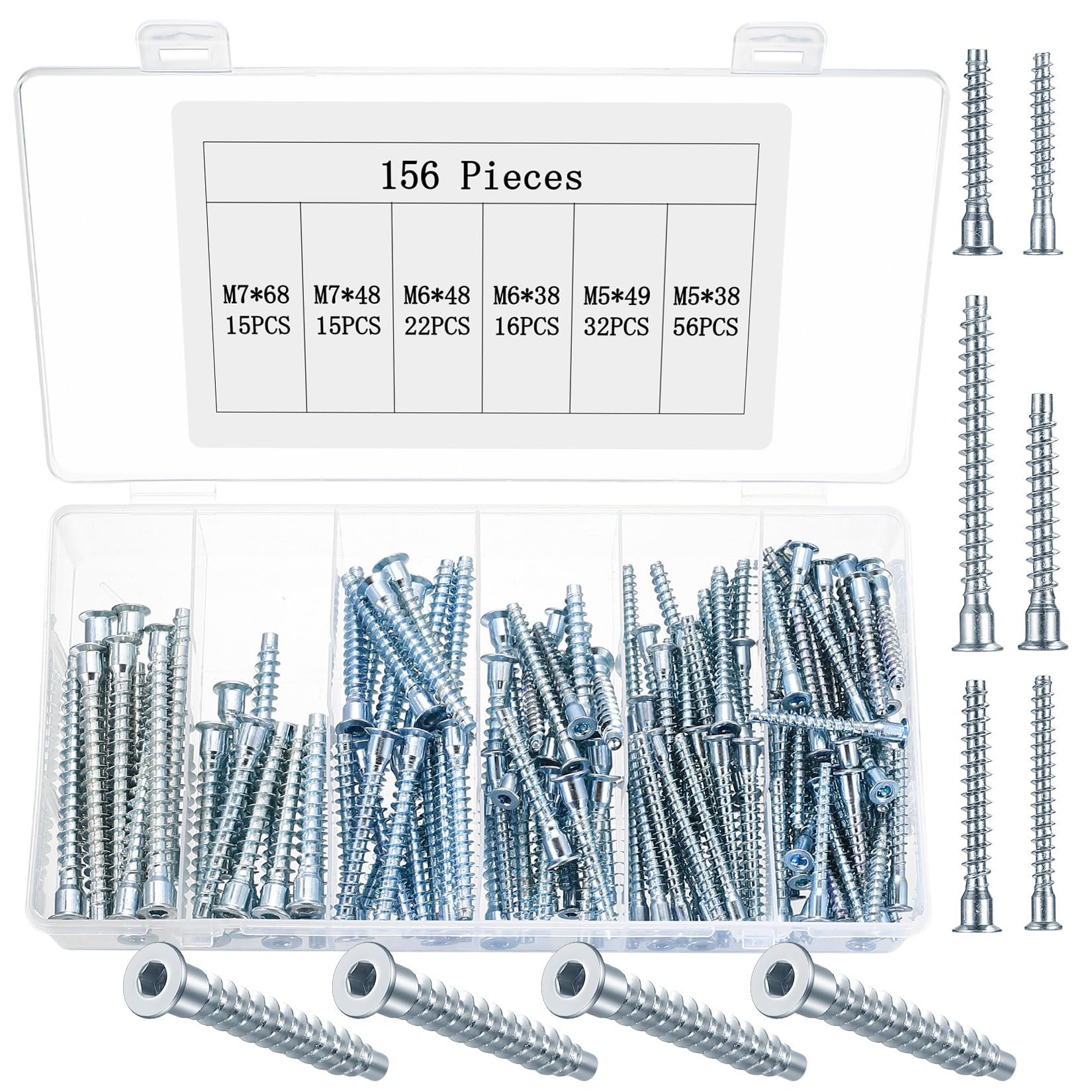 156 Pcs Wood Confirmat Screws, Replacement Shelf Screws, Allen Key ScrewsFurniture ScrewsCarcass Screw Set for Wood Furniture Shelf Cabinet Connecting(M5/M6/M7)