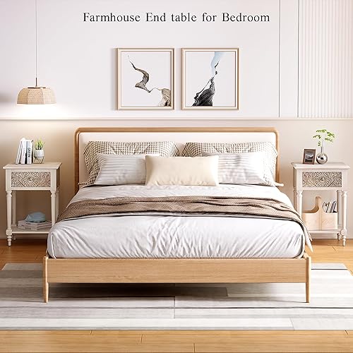 Miniatura 50 de SUNBURY Mesa auxiliar para sala de estar, mesa auxiliar pequeña con 3 cajones, mesita de noche vintage, elegante mesita de noche pequeña para