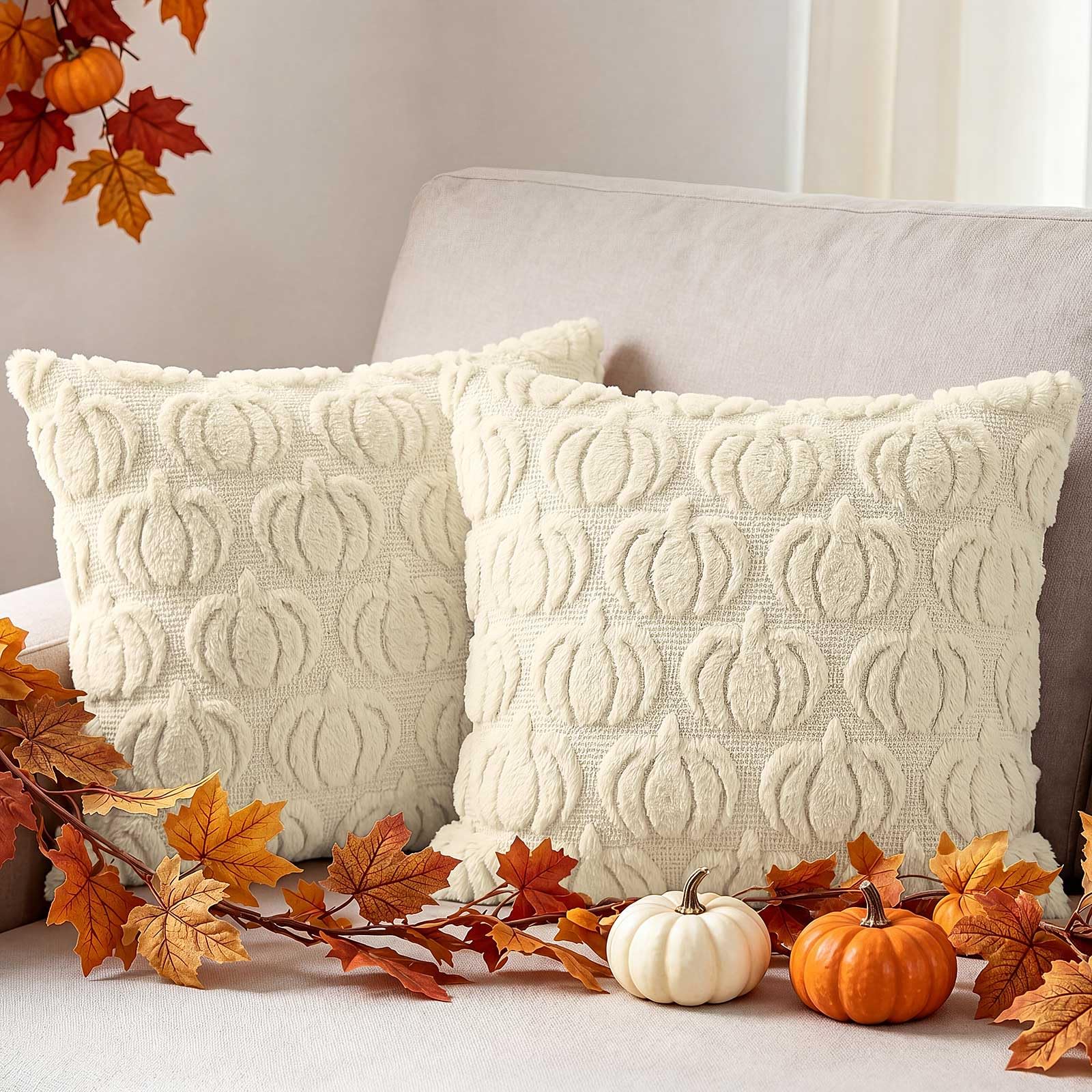 Benjia Fall 16x16 Throw Pillow Covers Set of 2, Autumn Rust Pumpkin Throw Pillow Cases Soft Plush Faux Fur Wool 40 x 40 cm Autumn Cushion Case for Indoor Home Bedroom Couch Sofa Decor (Cream white) — image 1