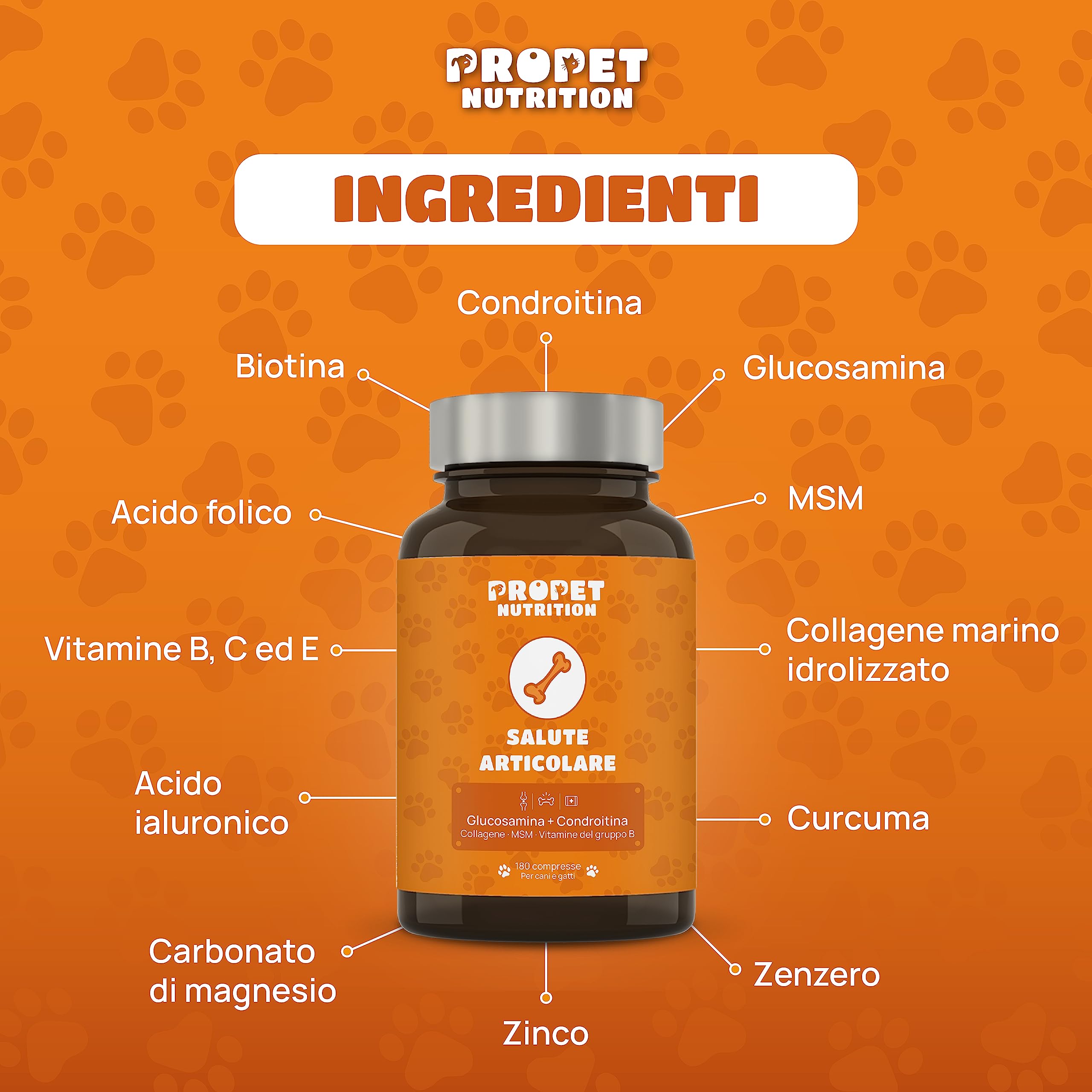 Integratore Articolazioni Cane e Gatto. 180 Compresse. Glucosamina e Condroitina, Collagene, 10 Vitamine per Cani e Gatti. Alta Concentrazione. Antifiammatorio. Supporta la Mobilità. Joint Care Cani