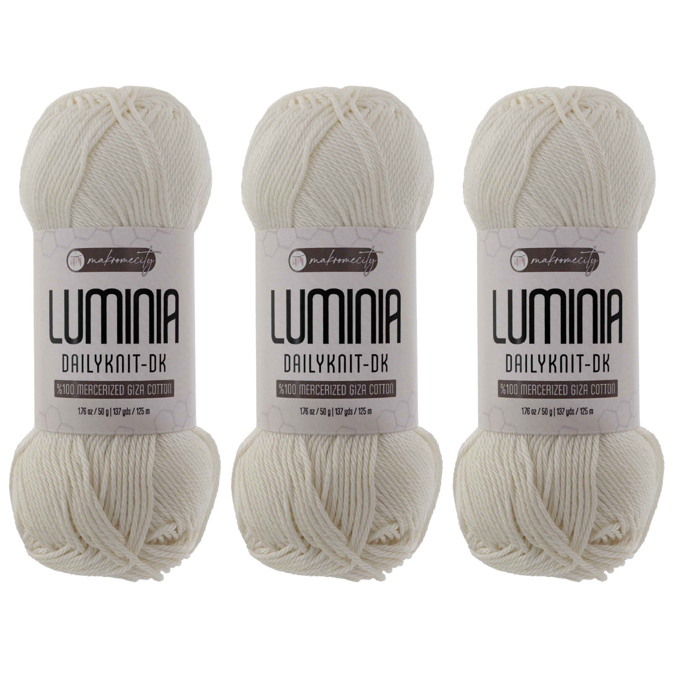 Photo 1 of Makromecity Luminia Mercerized Giza Cotton Yarn, Lightweight #3 DK Yarn for Knitting & Crochet, 50g/137yd, Soft Silky Shine Perfect for Summer Garments, Tops & Baby Projects (Ecru, 3 Skeins)