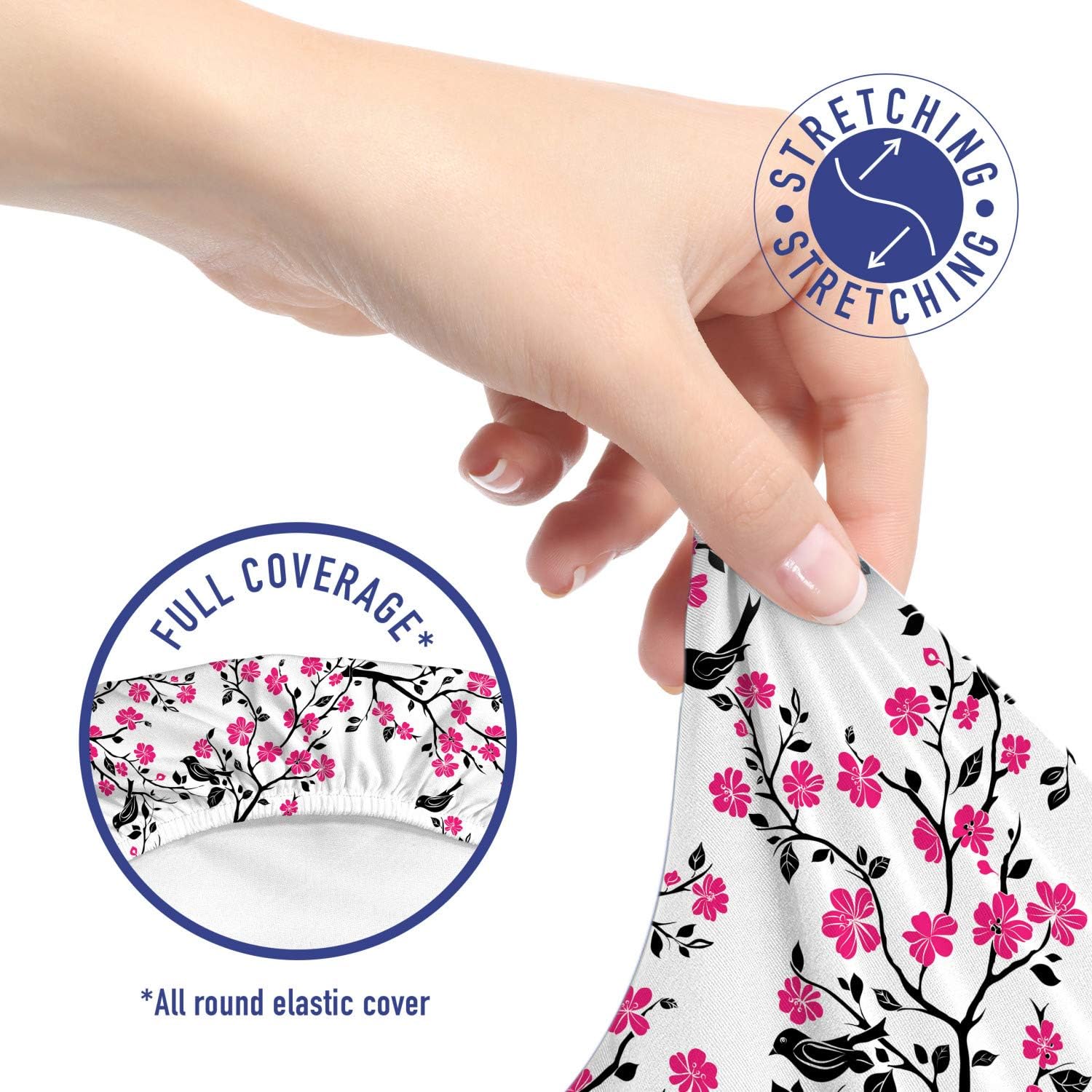 Ambesonne Cherry Blossom Office Chair Slipcover, Sakura Tree Flourishing Flowers and Birds Black Silhouettes, Protective Stretch Decorative Fabric Cover, Black Hot Pink White