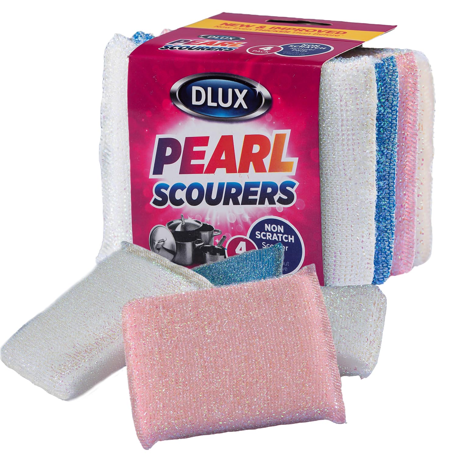 Zale Yardley Sponges Scrubbing Scourer Pad, 4pk Pearl Scented Non Scratch Scourers, Washing Up Scourer Non Scratch Scrub Plus Scouring Pad Ball - Easy Grip Cleaning Pots Pans