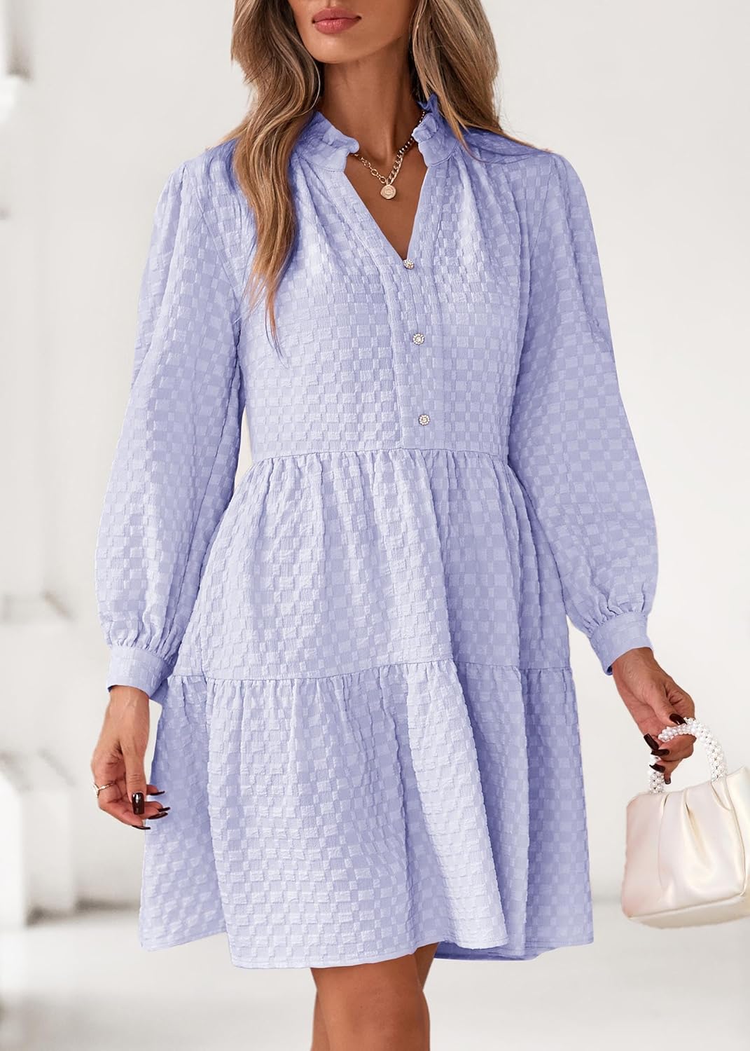 Lazysmile Dresses for Women Long Sleeve V Neck Button Down Ruffled Flowy Fall Casual Babydoll Tunic Dress - Image 5