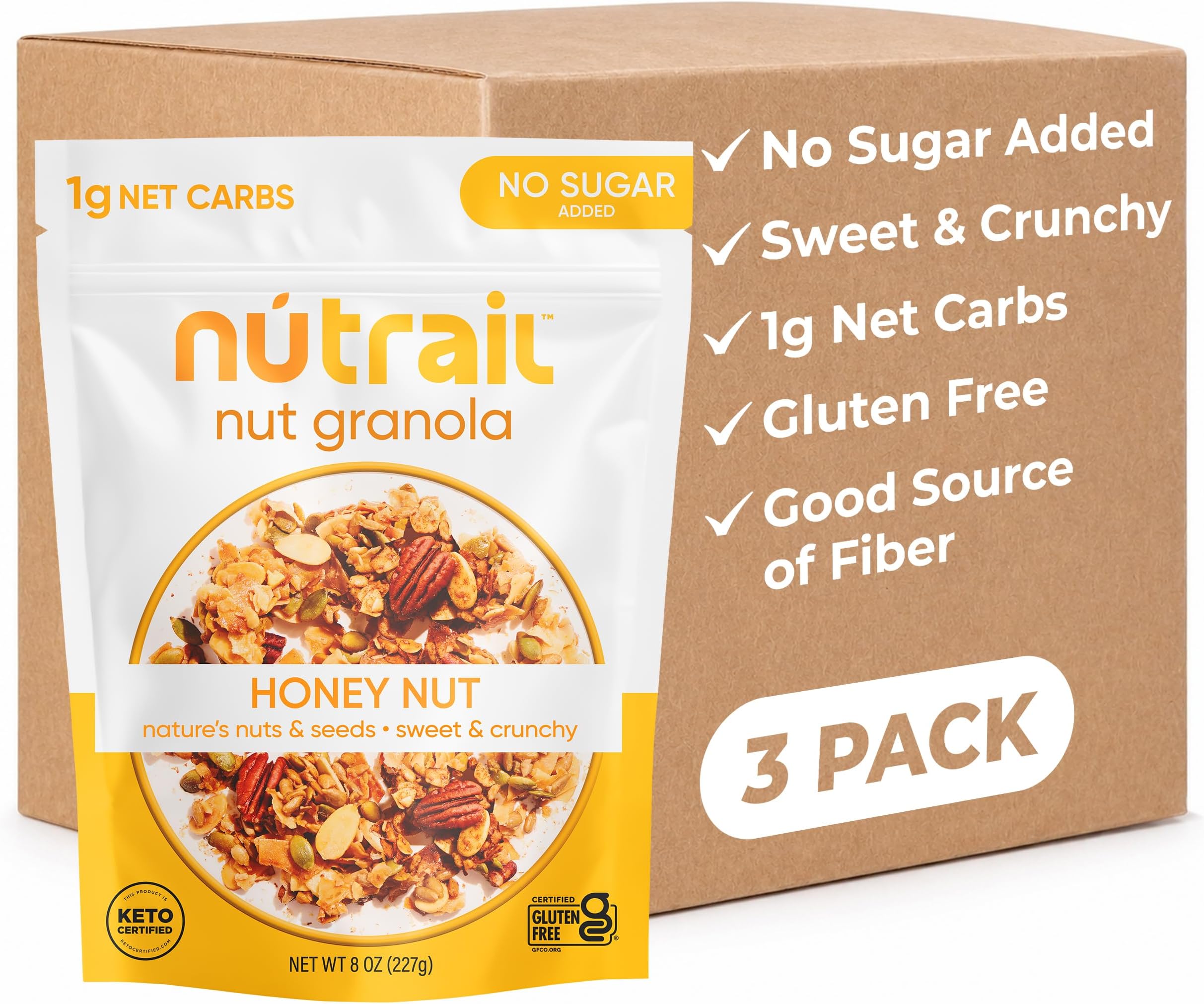 Nut Granola Cereal, Honey Nut, No Sugar Added, Keto, Low Carb, Gluten Free, Grain Free, Healthy Breakfast 8 oz. 3 Count