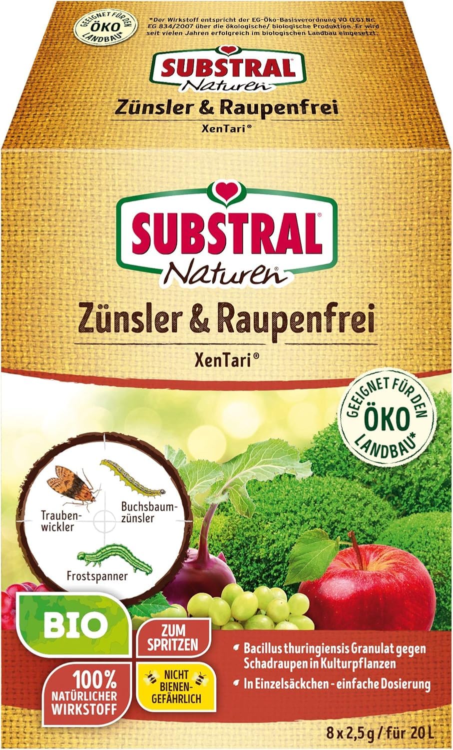 Substral Naturen Bio Zünsler-und Raupenfrei XenTari, 8x2,5g - biologisches Spritzpulver gegen Buchsbaumzünsler und Schadraupen