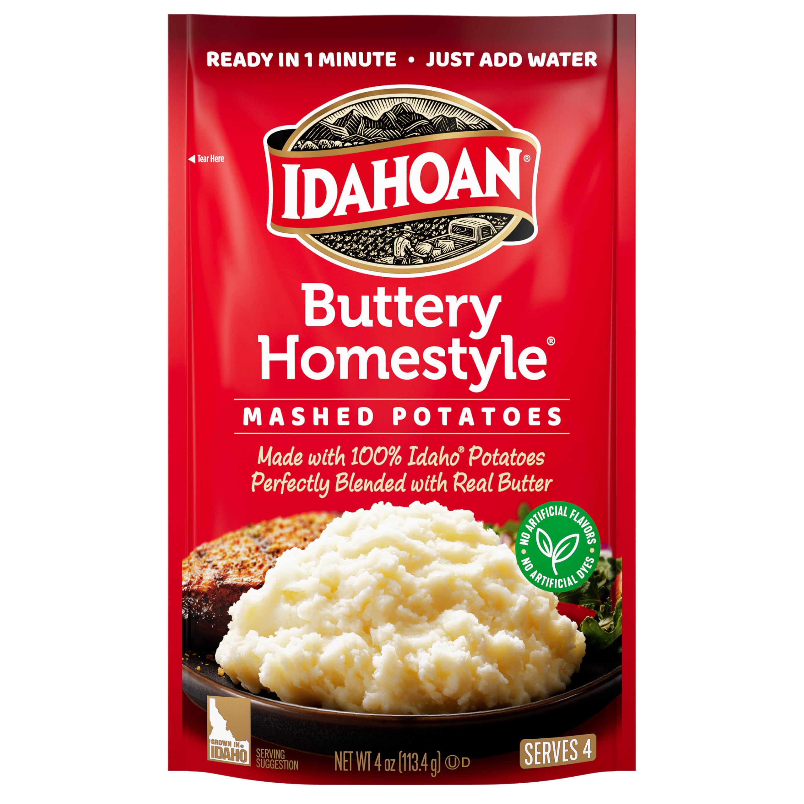 Idahoan Mashed Potatoes, Buttery Homestyle, 4-Ounce Package (Pack of 12)