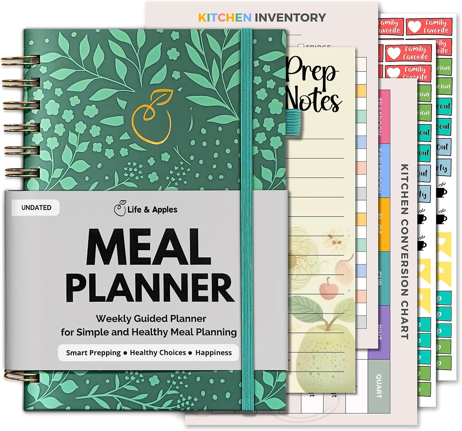 Life & Apples Meal Planner with Grocery List – Undated Weekly Menu & Meal Prep Notebook for Women & Men, Healthy Eating & Weight Loss Planner, 52-Week Spiral Bound Journal, Forest