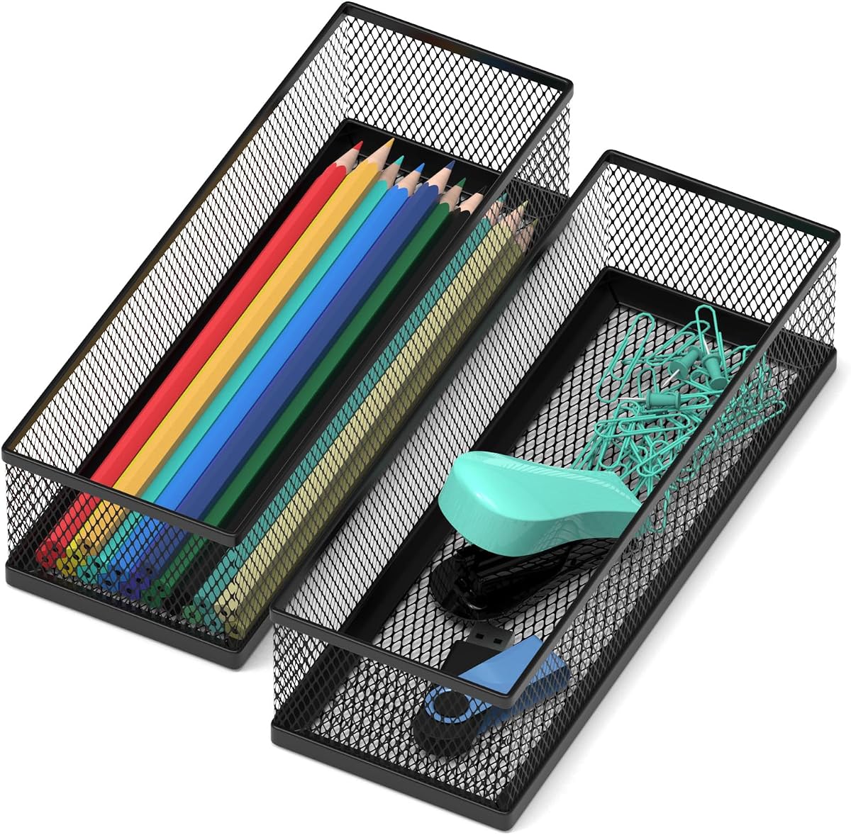 2 Pack Drawer Organizer for Desk, Small Office Supplies Pen Pencil holder, Metal Mesh Desktop Storage Trays for Office, Kitchen, Makeup, Vanity
