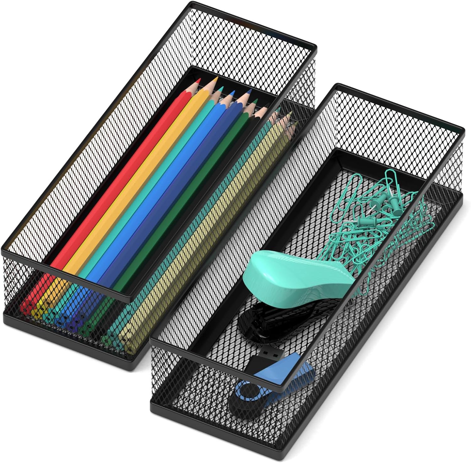 2 Pack Drawer Organizer for Desk, Small Office Supplies Pen Pencil holder, Metal Mesh Desktop Storage Trays for Office, Kitchen, Makeup, Vanity
