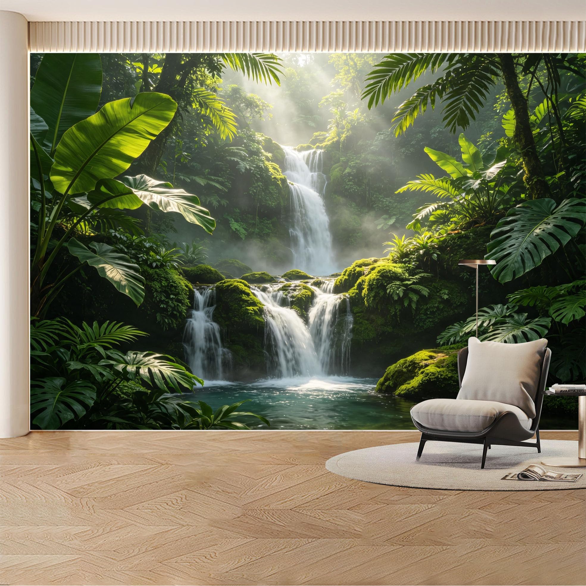 Custom Wall Mural Wallpaper Tropical Waterfall Forest Landscape 3D Effect Wall Decor Large Wall Art Misty Tropical for Living Room， Bedroom， Office