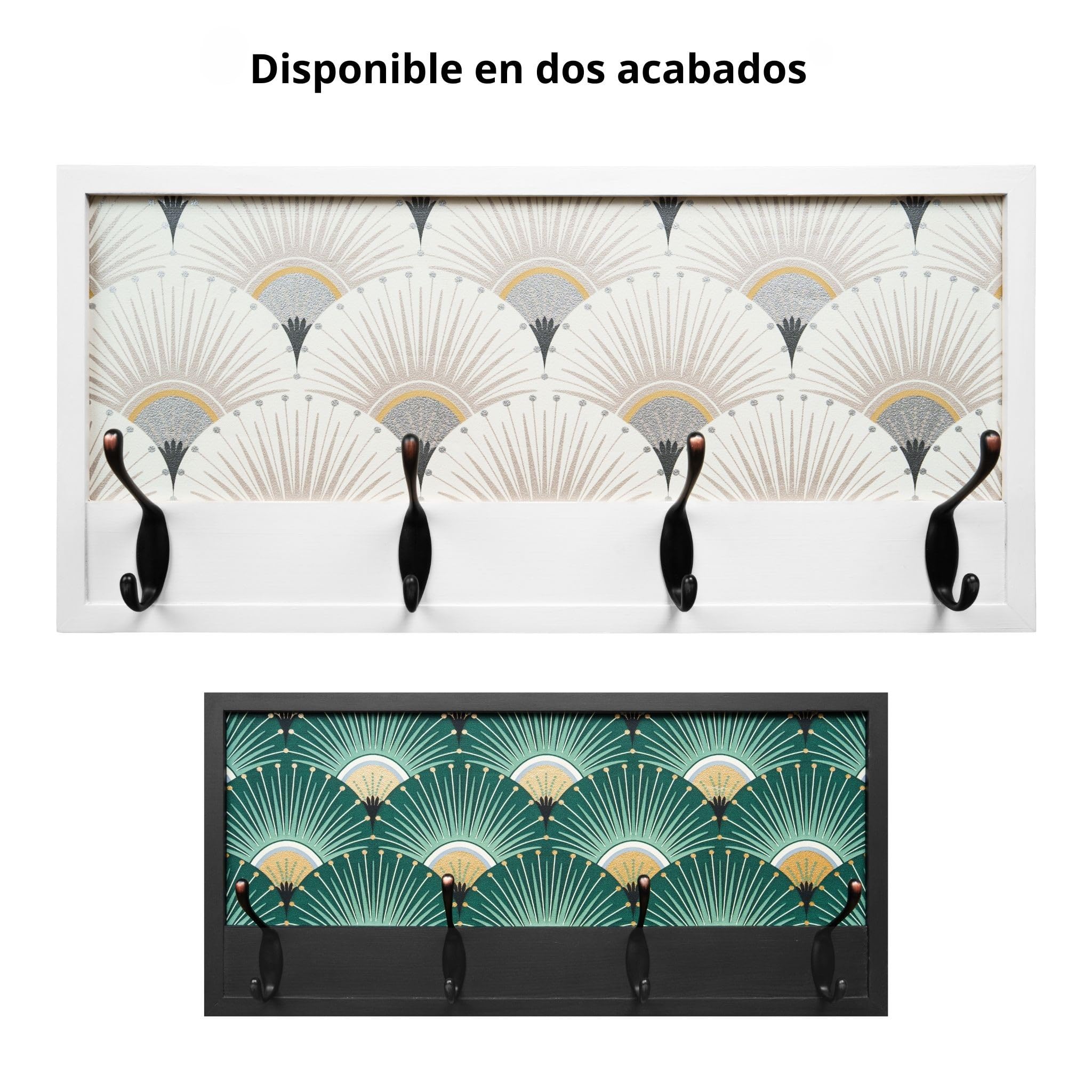 Perchero Pared Madera 52x25cm Art Décó Blanco 4 Ganchos | Hecho en España. 4 ganchos dobles (8 colgadores) para ropa y abrigos. Ideal para entrada, salón u oficina.